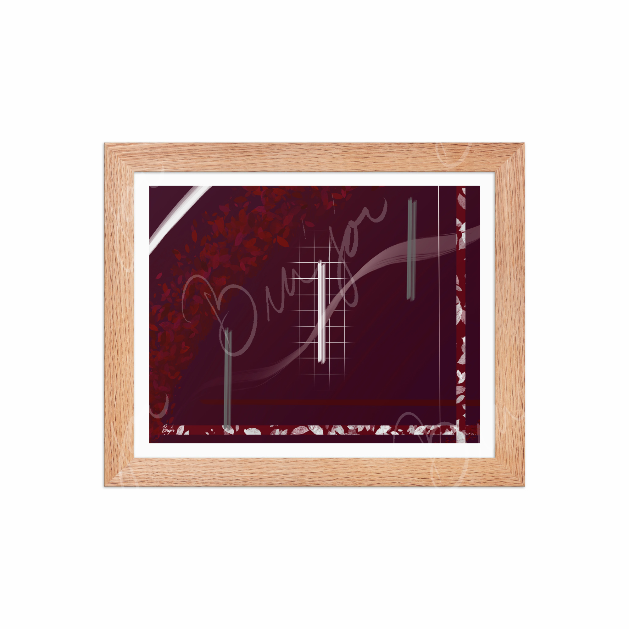 8x10 Red Oak Framed Abstract artwork titled Shine designed by the digital abstract artist Bra'jor. Artwork includes the colors Red, Gray, Maroon, White, and Soft Pink