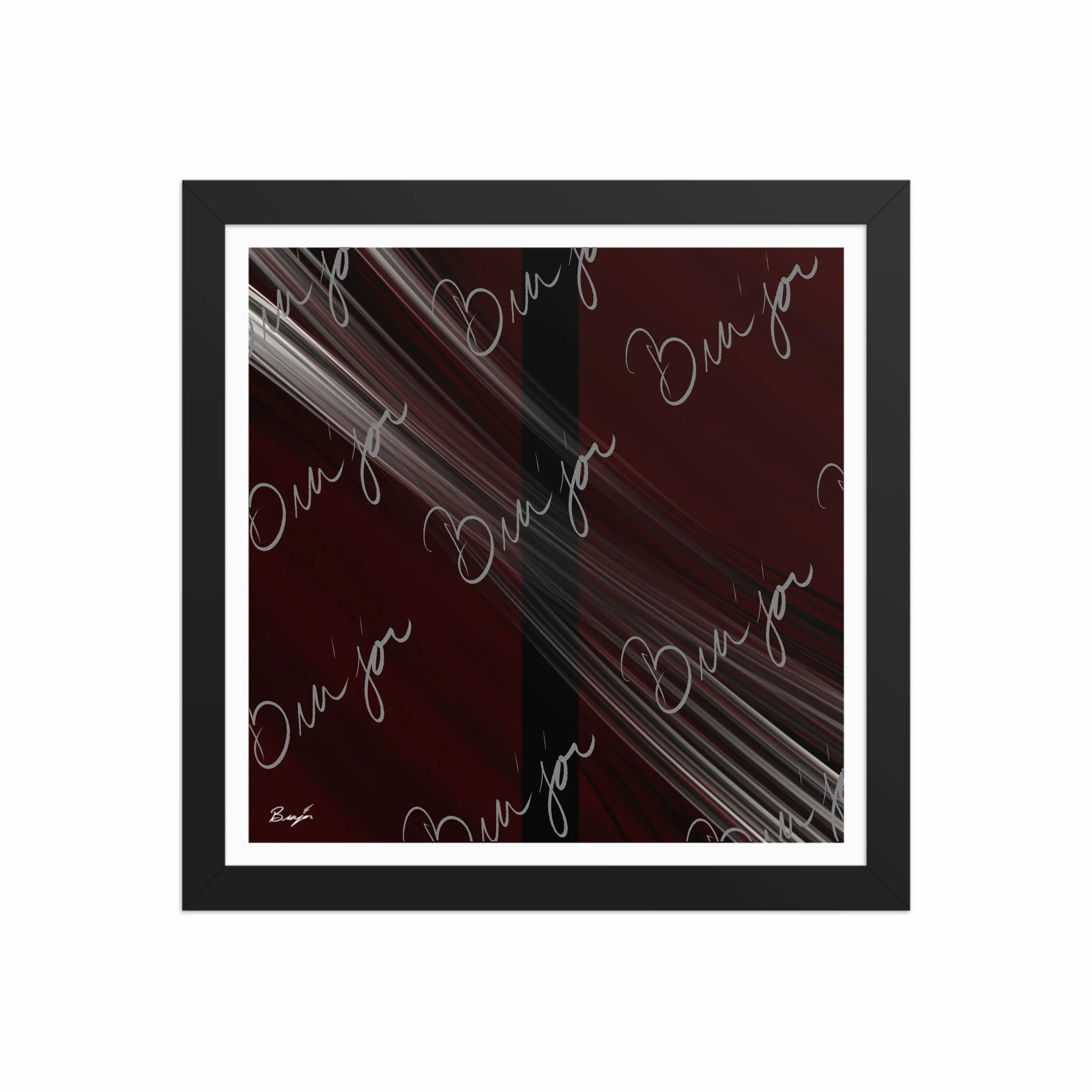 12x12 Black Framed abstract artwork titled Still Standing designed by the digital abstract artist Bra'jor. Artwork includes the colors Maroon, Red, Black, and White