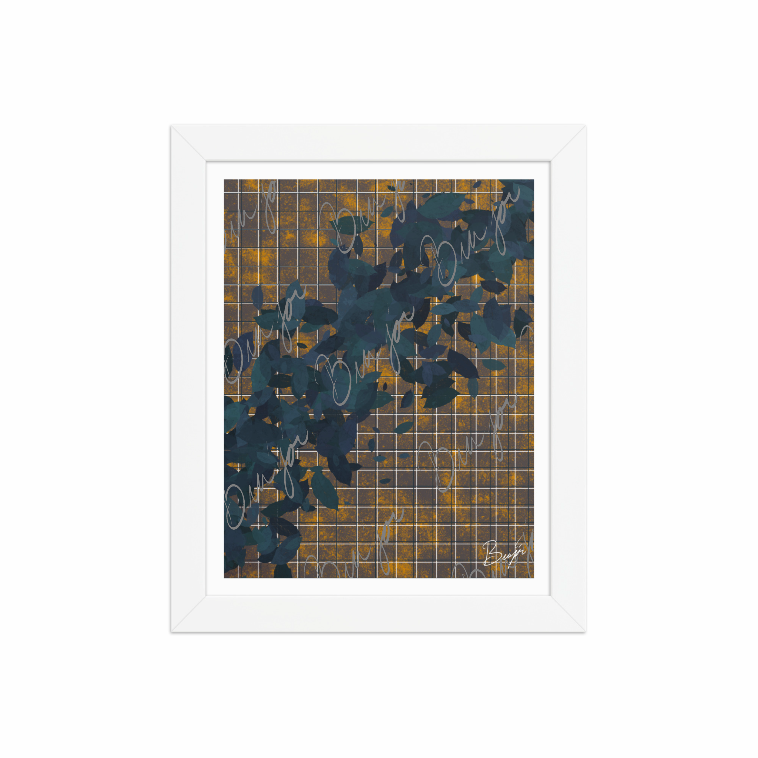 8x10 White Framed abstract artwork titled Changes designed by the digital abstract artist Bra'jor. Artwork includes the colors Blue in different dark shades, Orange, White, and Black