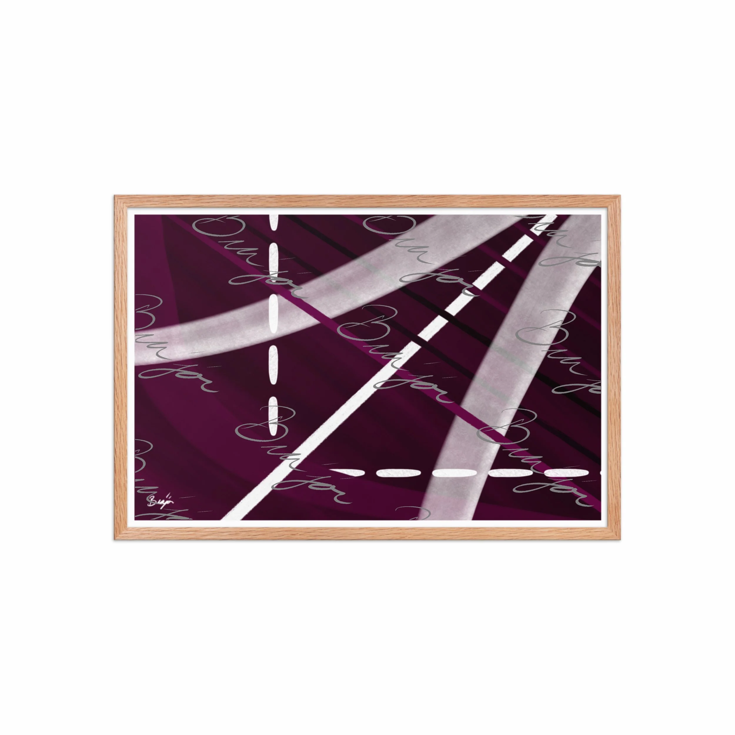 20x30 Red Oak Framed abstract artwork titled Tuning designed by the digital abstract artist Bra'jor. Artwork includes the colors Purple, Black, Gray, and White