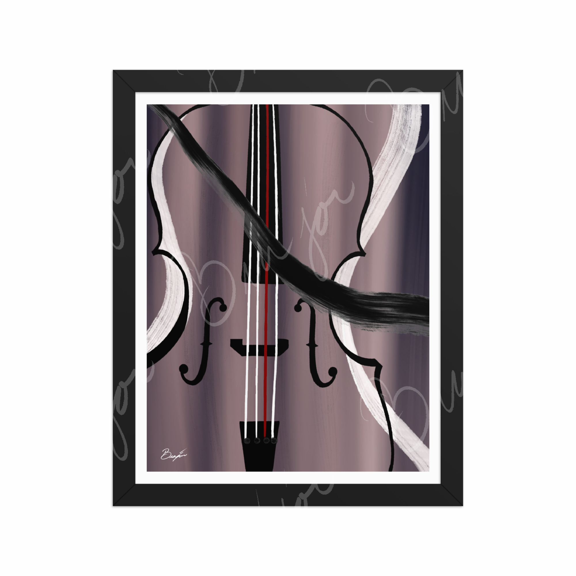 11x14 Black Framed Abstract artwork titled First Love designed by the digital abstract artist Bra'jor. Artwork includes the colors Black, White, Gray, violet, Mauve, and Red