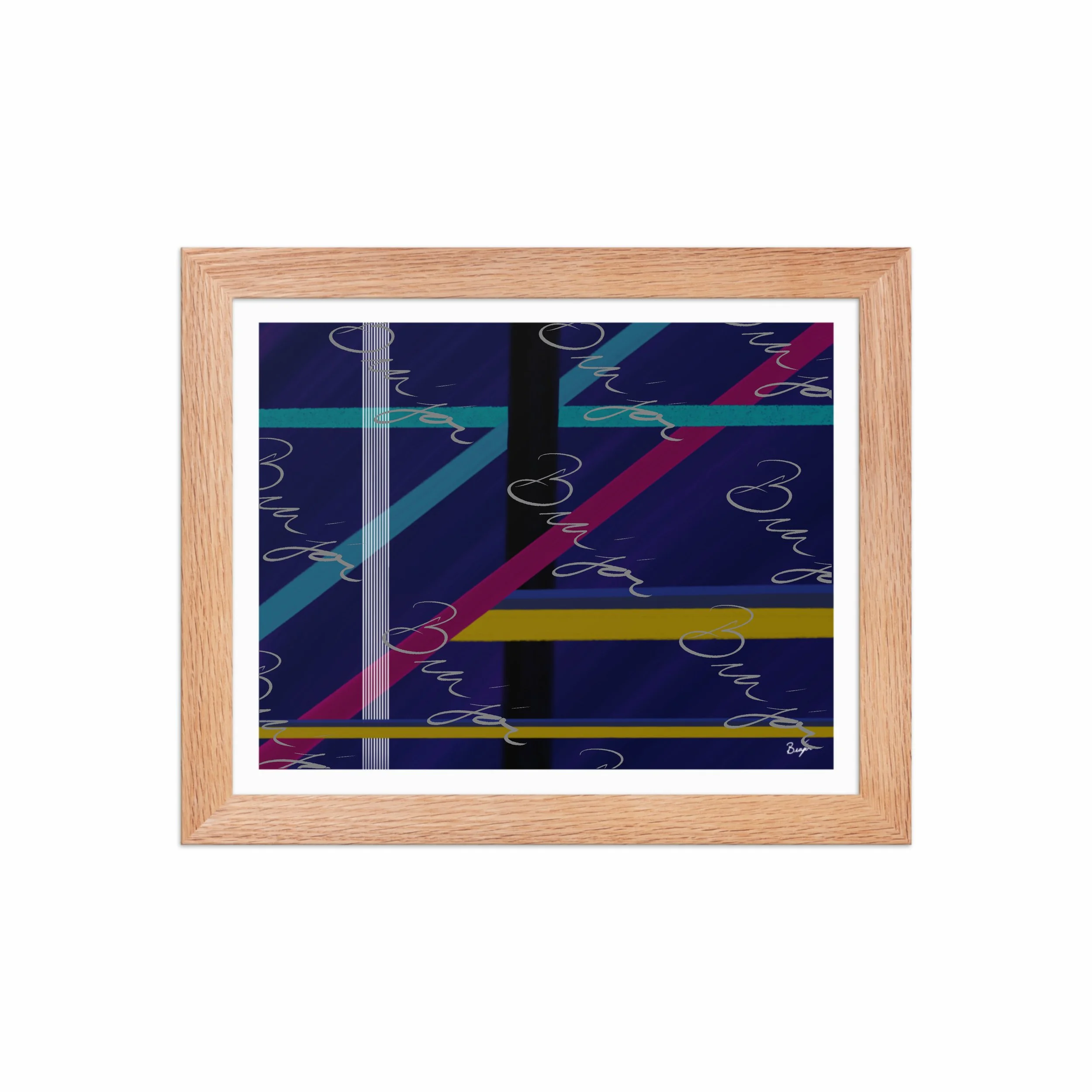8x10 Red Oak Framed Abstract artwork titled Destinations designed by the digital abstract artist Bra'jor. Artwork includes the colors Black, Blue, Yellow, Pink, and White