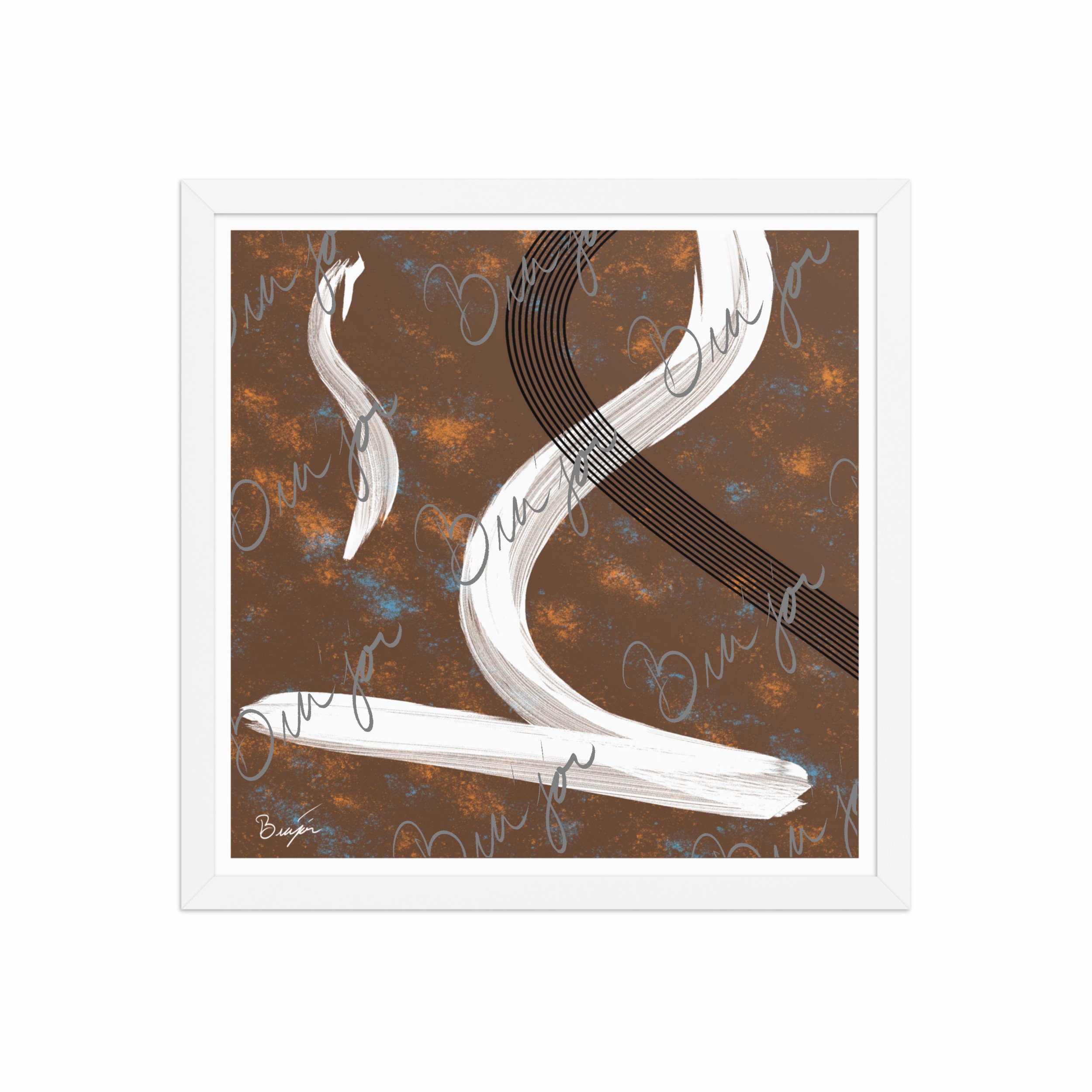 16x16 White Framed abstract artwork titled My Heart designed by the digital abstract artist Bra'jor. Artwork includes the colors Brown, Orange, Blue, White, and Black