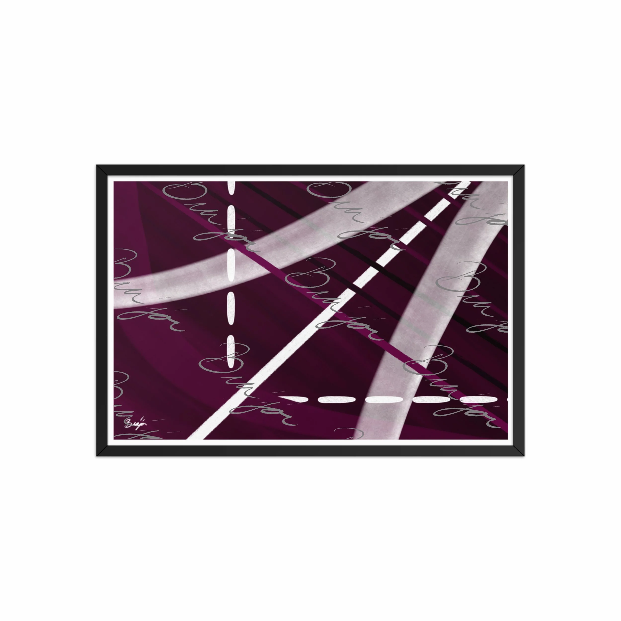 20x30 Black Framed abstract artwork titled Tuning designed by the digital abstract artist Bra'jor. Artwork includes the colors Purple, Black, Gray, and White