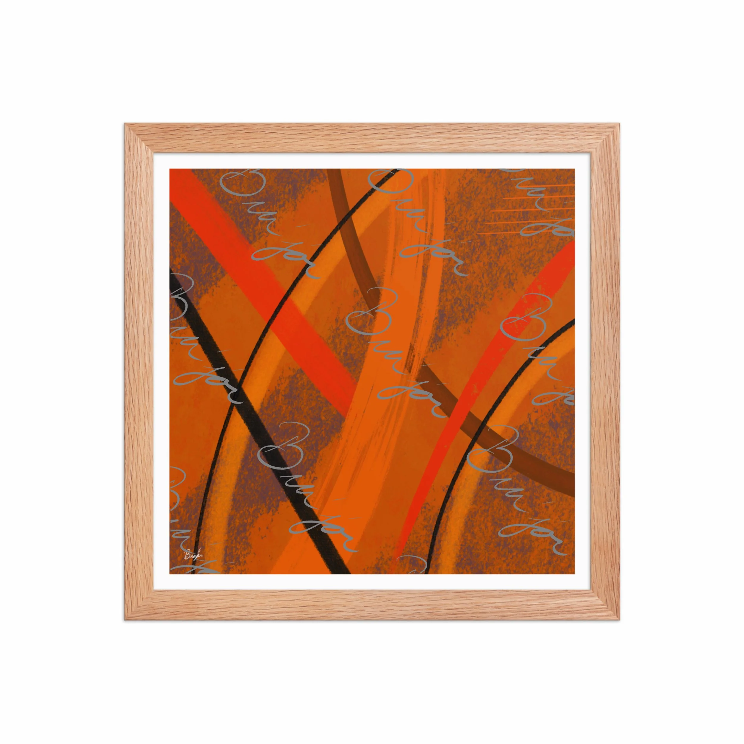 12x12 Red Oak Framed Abstract artwork titled Challenges designed by the digital abstract artist Bra'jor. Artwork includes the colors Orange, Brown, Blue, and Black