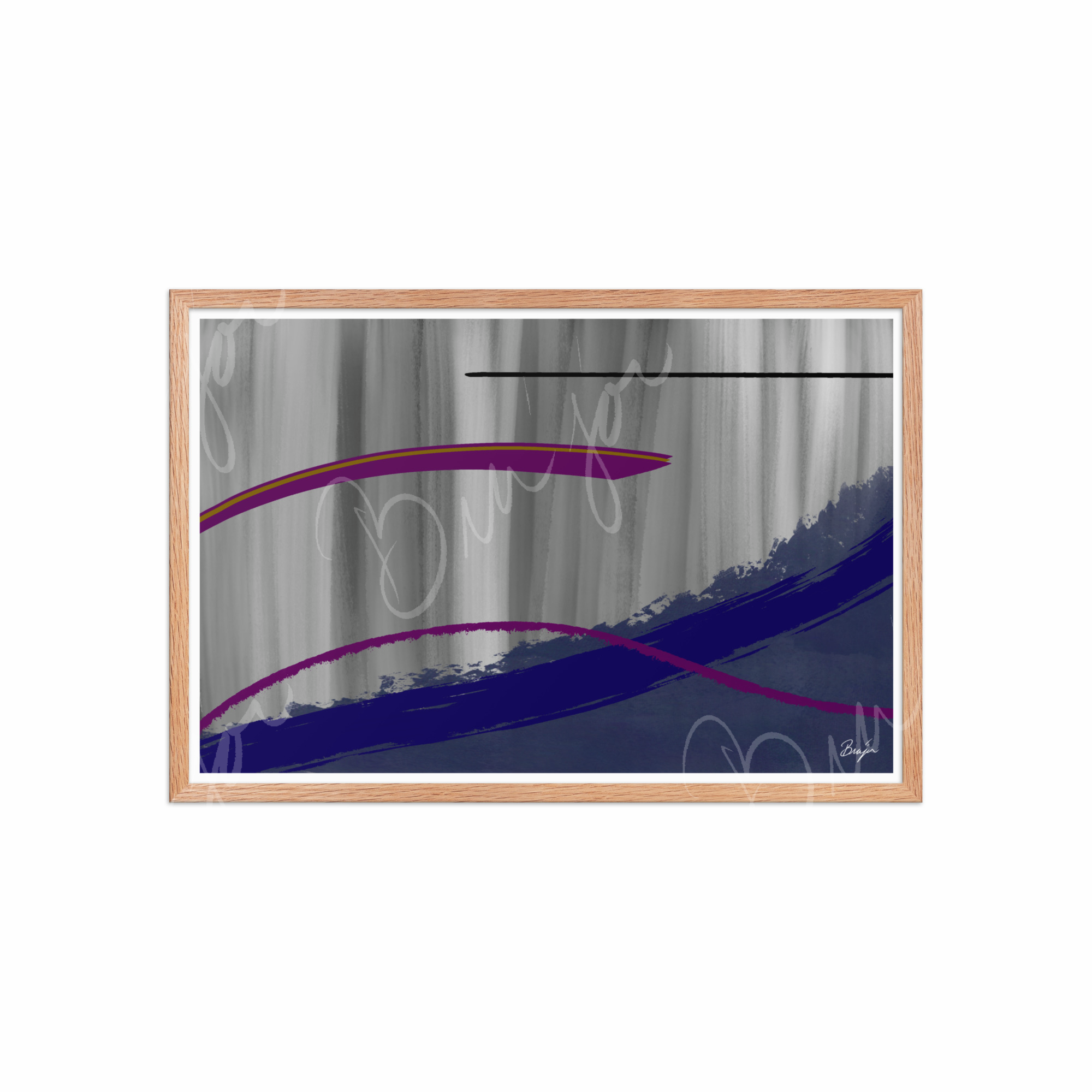20x30 Red Oak Framed Abstract artwork titled Reworking designed by the digital abstract artist Bra'jor. Artwork includes the colors Purple, Gray, Blue, Mustard Yellow, and Black