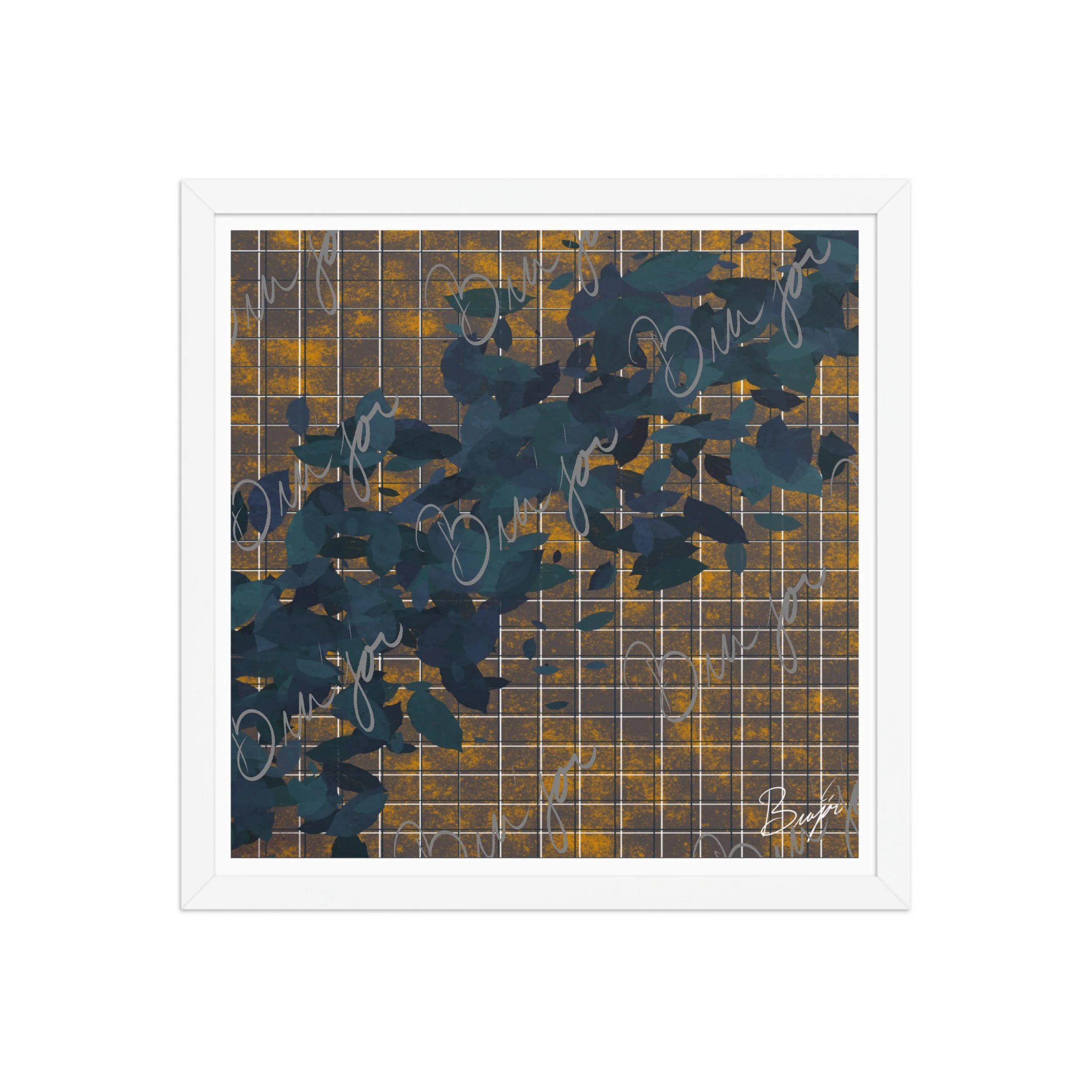 16x16 White Framed abstract artwork titled Changes designed by the digital abstract artist Bra'jor. Artwork includes the colors Blue in different dark shades, Orange, White, and Black