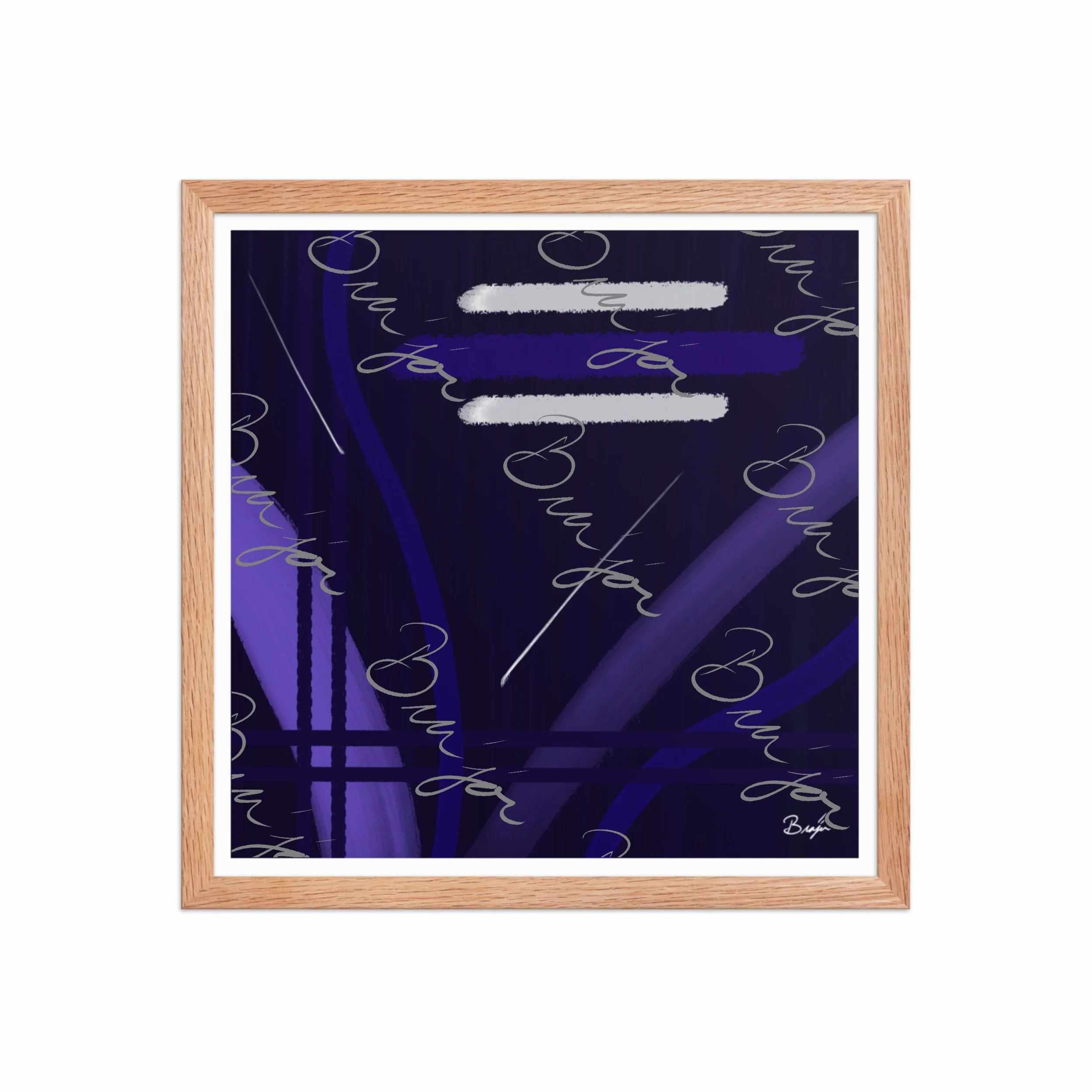 16x16 Red Oak Framed Abstract artwork titled Beneath designed by the digital abstract artist Bra'jor. Artwork includes the colors Blue, White, Purple, and Navy