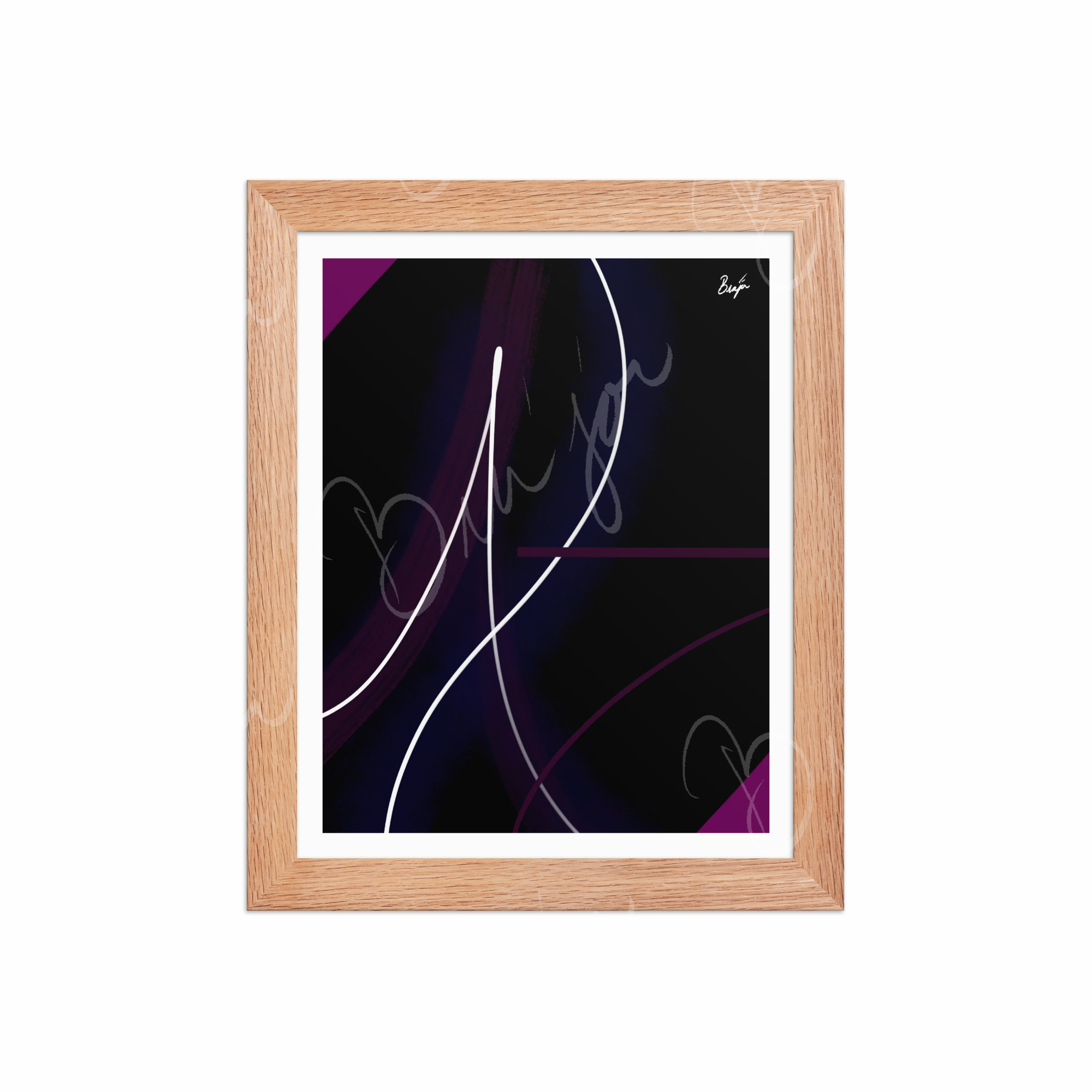 8x10 Red Oak Framed Abstract artwork titled Poised designed by the digital abstract artist Bra'jor. Artwork includes the colors Purple, Pink, Blue, and White