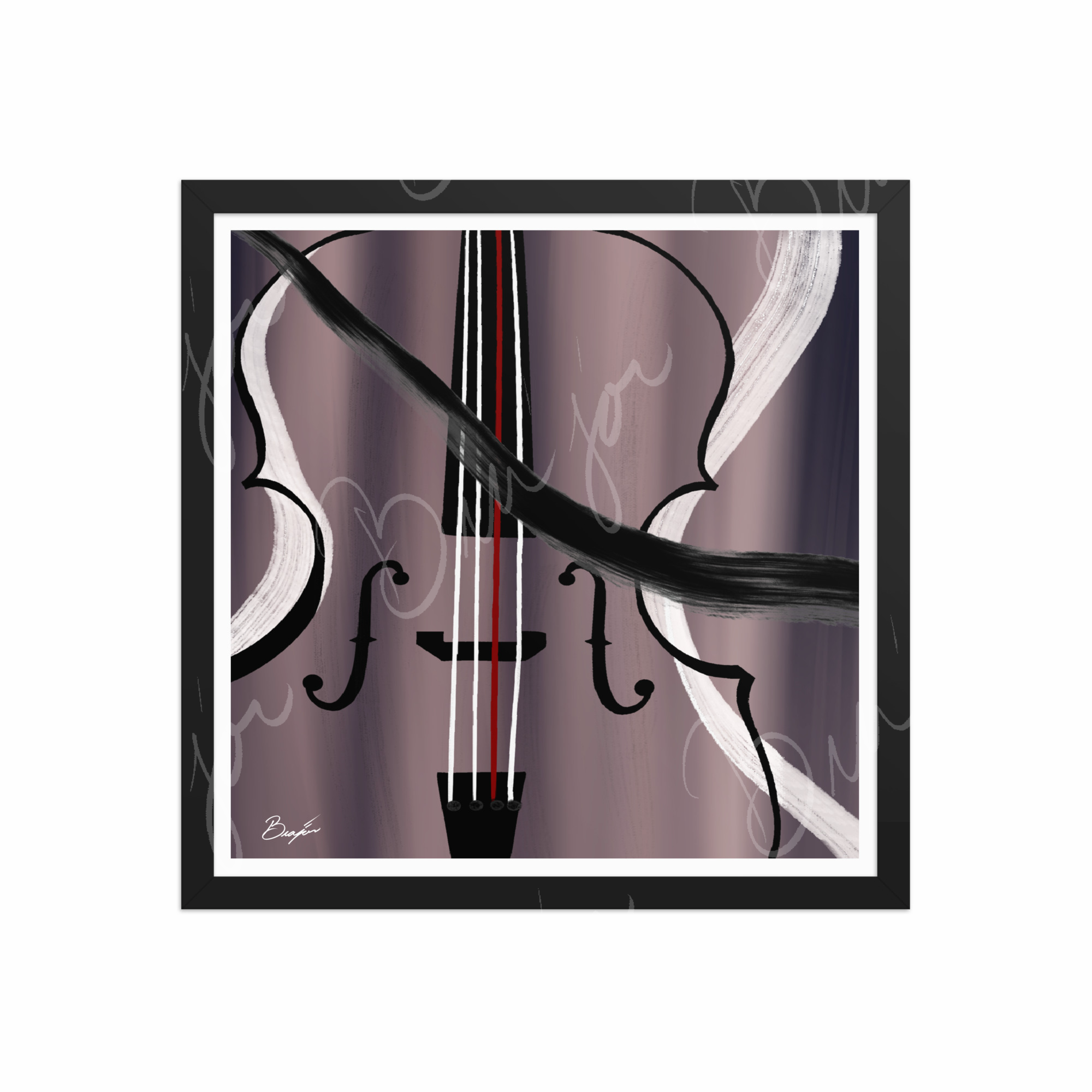 16x16 Black Framed Abstract artwork titled First Love designed by the digital abstract artist Bra'jor. Artwork includes the colors Black, White, Gray, violet, Mauve, and Red