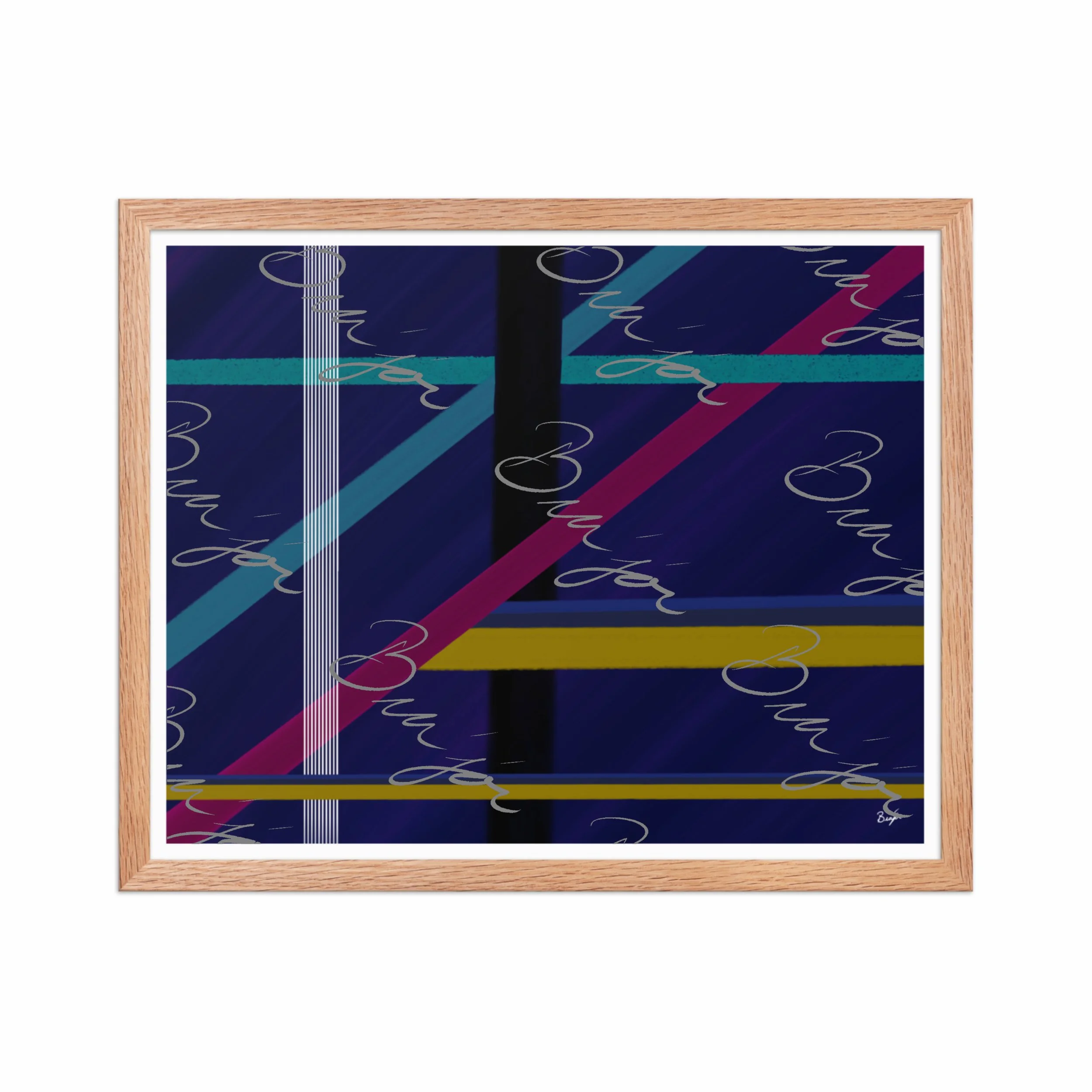 16x20 Red Oak Framed Abstract artwork titled Destinations designed by the digital abstract artist Bra'jor. Artwork includes the colors Black, Blue, Yellow, Pink, and White