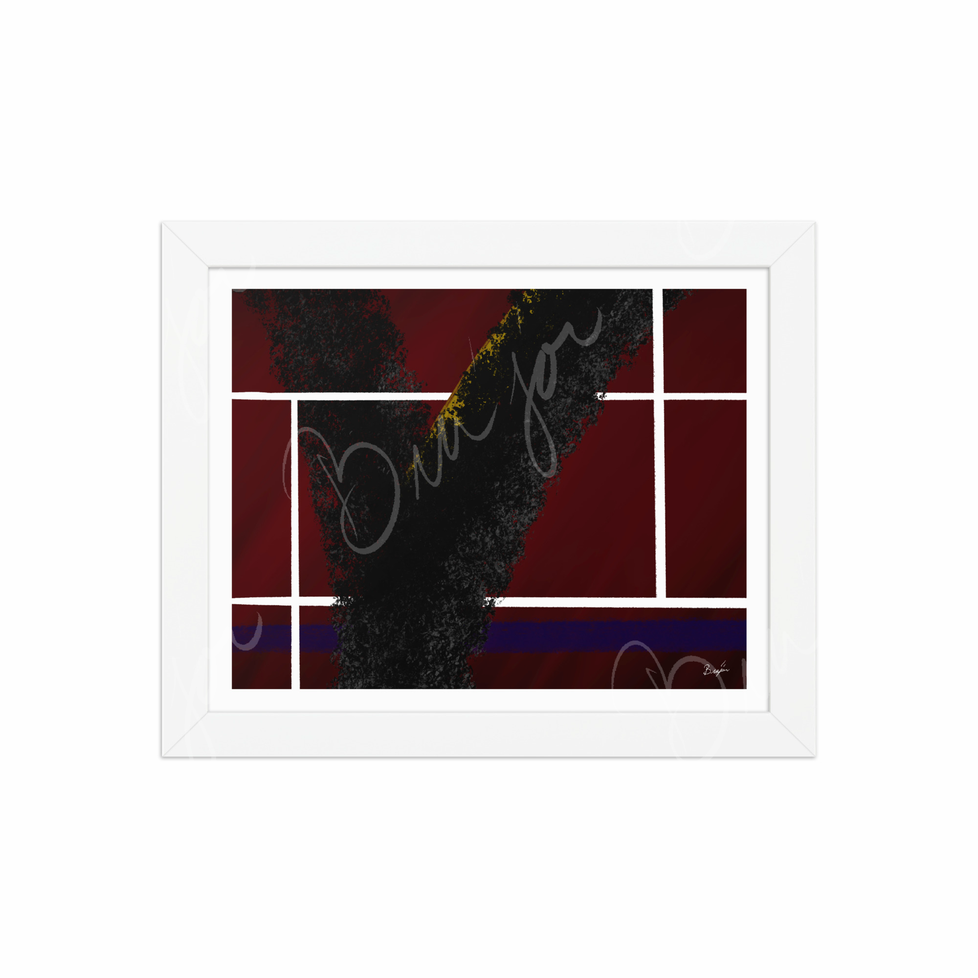 8x10 White Framed Abstract artwork titled Step Out designed by the digital abstract artist Bra'jor. Artwork includes the colors Red, White, Black, Yellow, and Blue