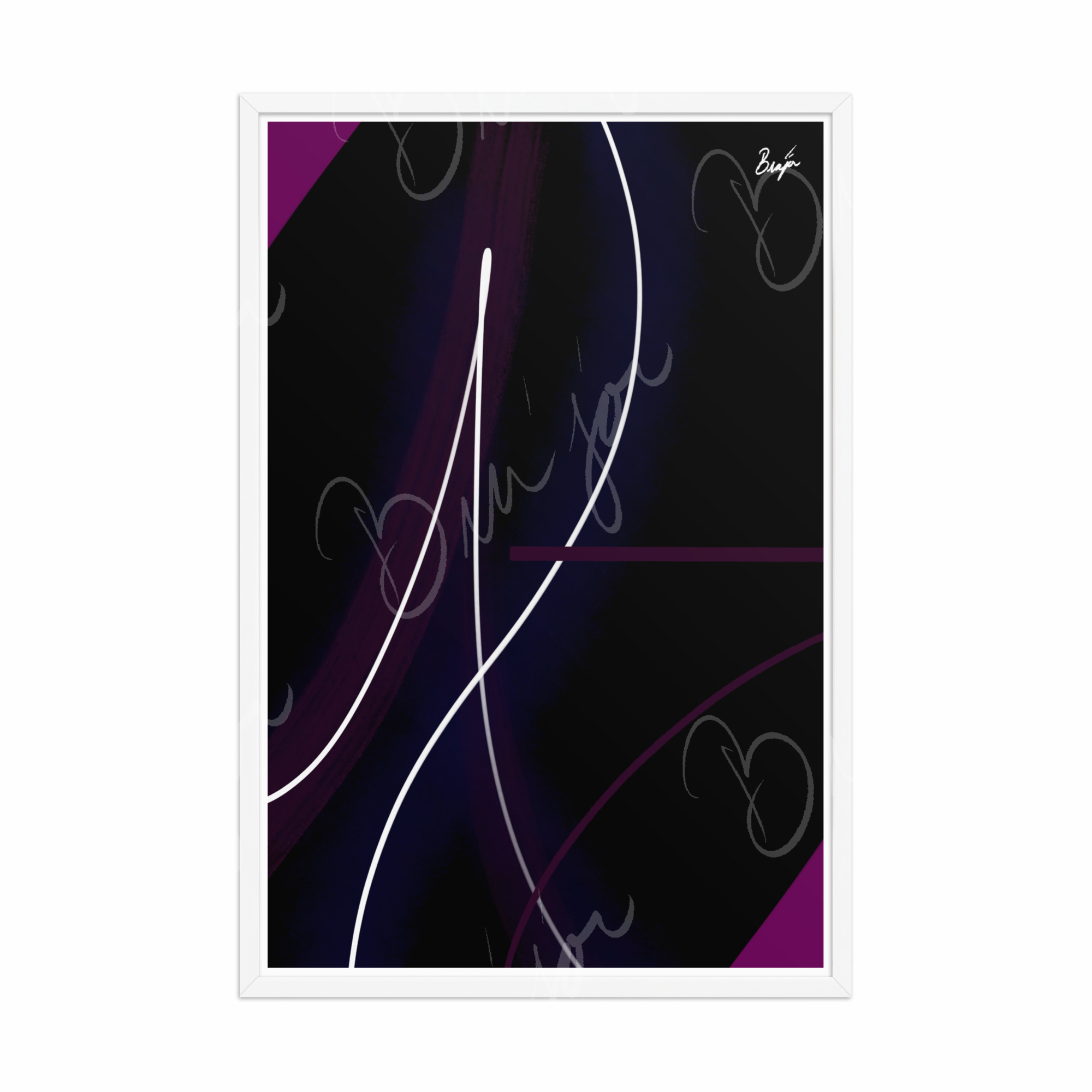 24x36 White Framed Abstract artwork titled Poised designed by the digital abstract artist Bra'jor. Artwork includes the colors Purple, Pink, Blue, and White
