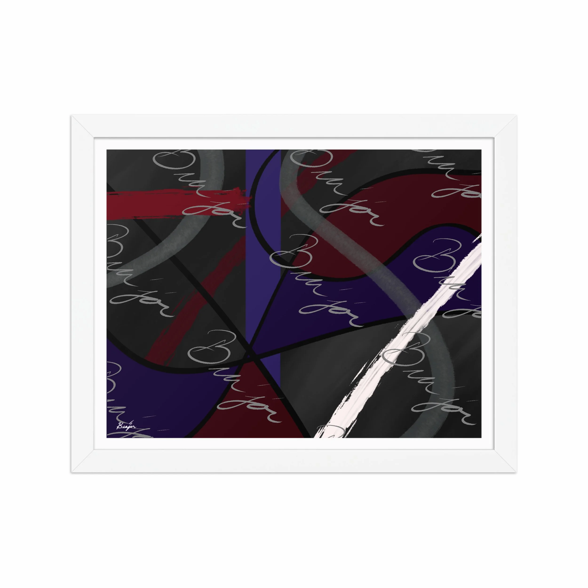 11x14 White Framed Abstract artwork titled Different designed by the digital abstract artist Bra'jor. Artwork includes the colors Purple, Blue, Red, Gray, and Black