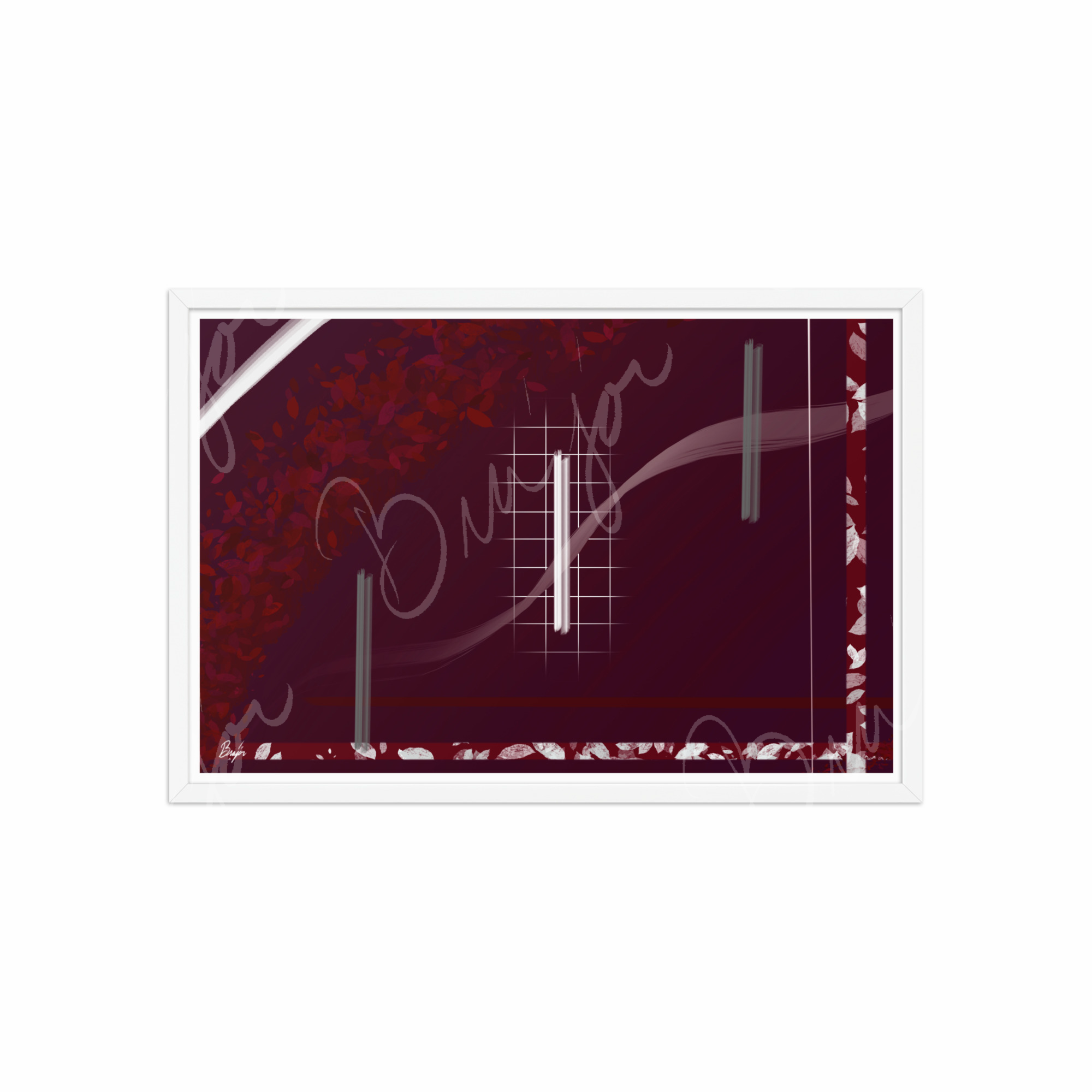 20x30 White Framed Abstract artwork titled Shine designed by the digital abstract artist Bra'jor. Artwork includes the colors Red, Gray, Maroon, White, and Soft Pink