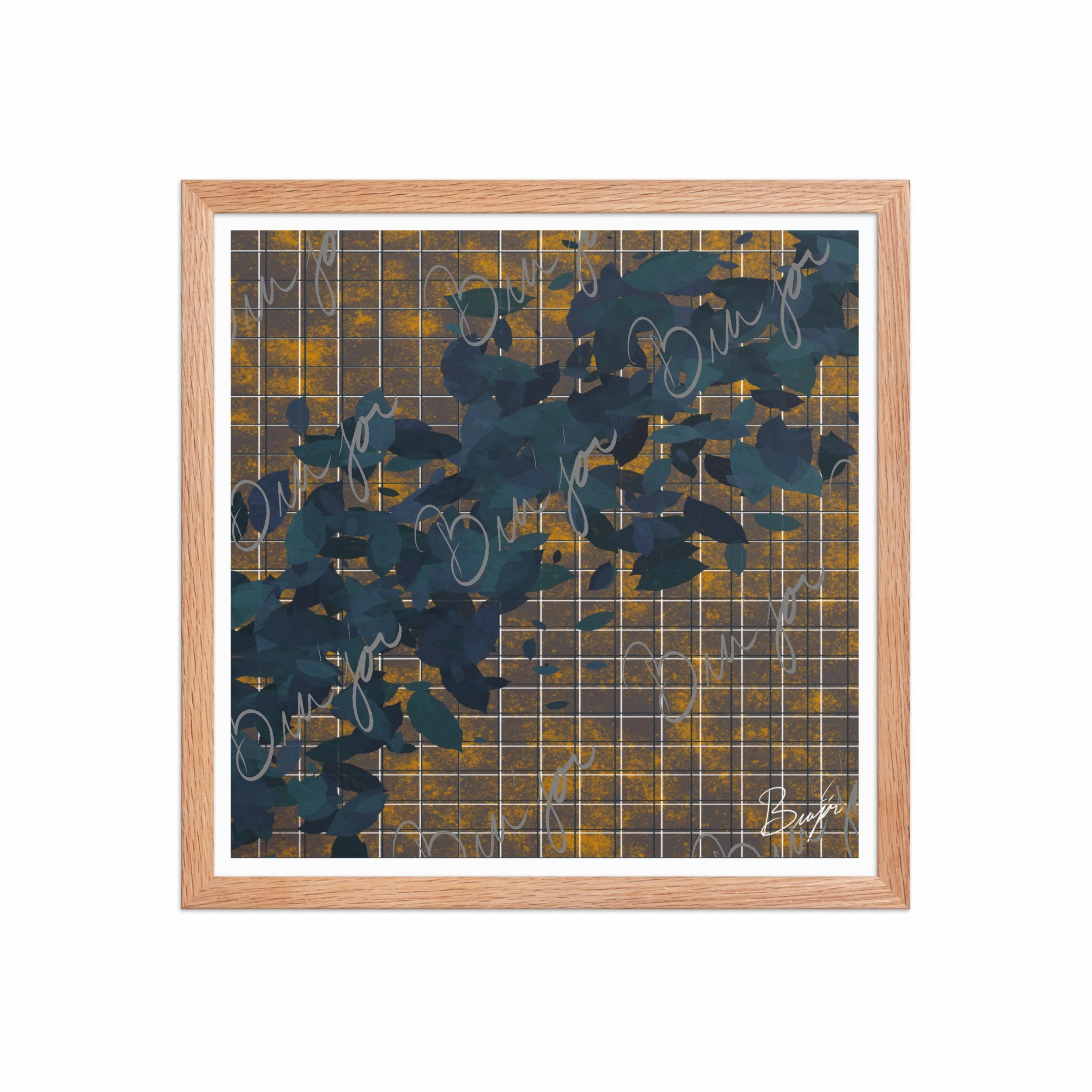 16x16 Red Oak Framed abstract artwork titled Changes designed by the digital abstract artist Bra'jor. Artwork includes the colors Blue in different dark shades, Orange, White, and Black