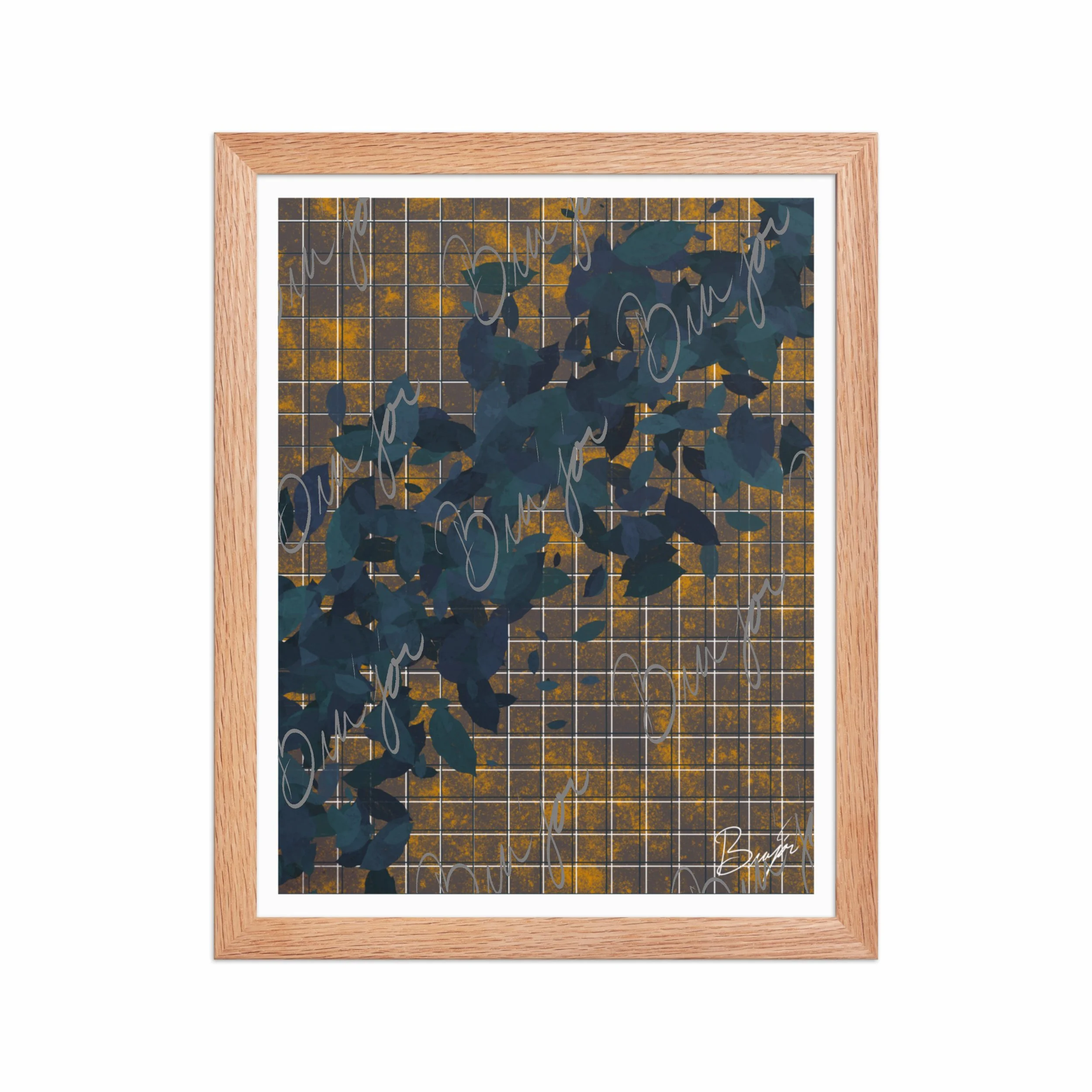 11x14 Red Oak Framed abstract artwork titled Changes designed by the digital abstract artist Bra'jor. Artwork includes the colors Blue in different dark shades, Orange, White, and Black