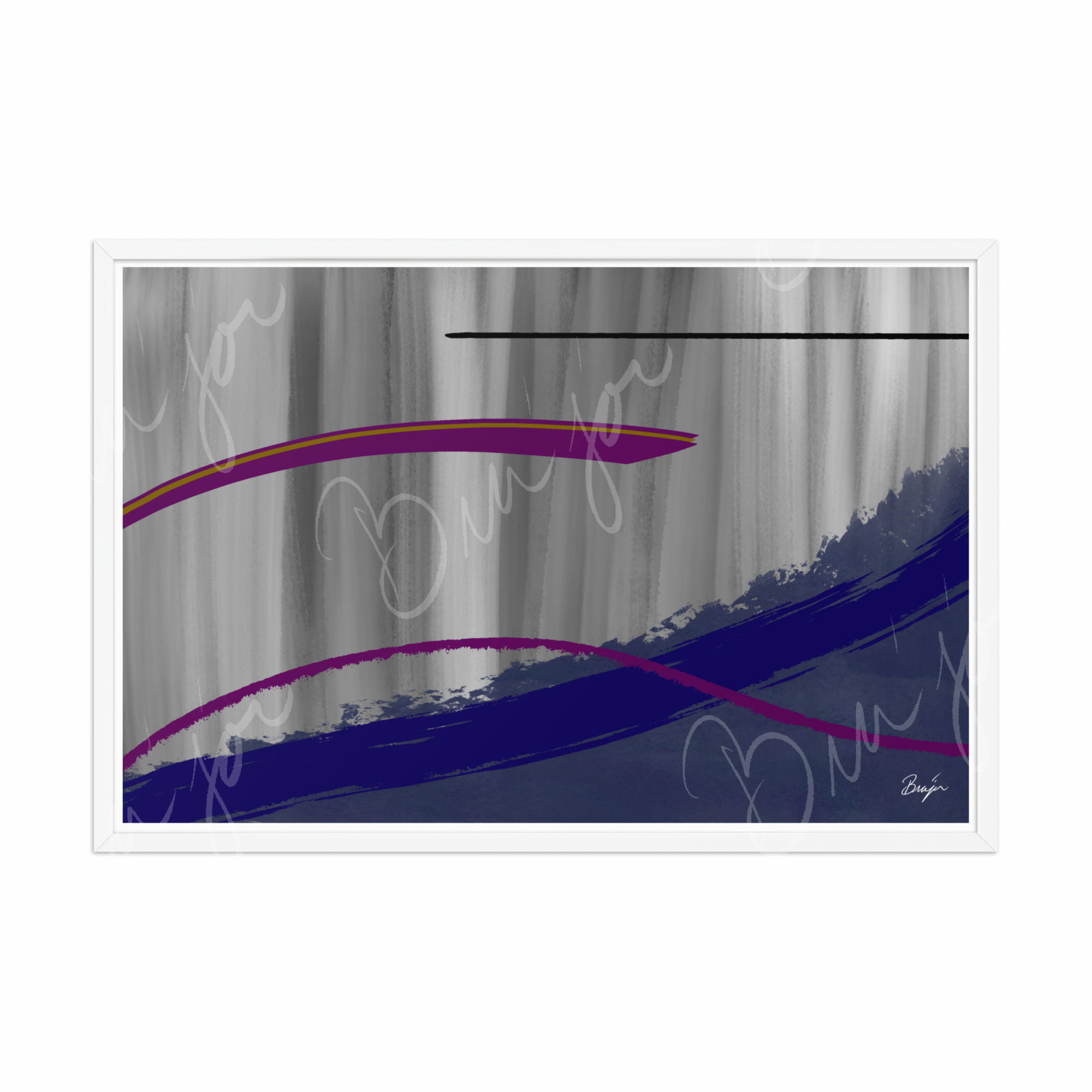 24x36 White Framed Abstract artwork titled Reworking designed by the digital abstract artist Bra'jor. Artwork includes the colors Purple, Gray, Blue, Mustard Yellow, and Black