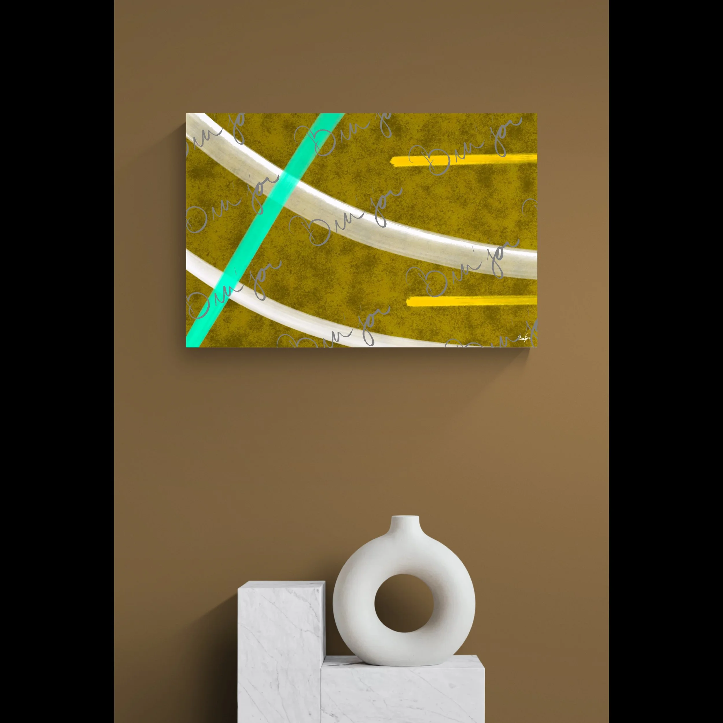 Canvas Abstract artwork titled Hushed designed by the digital abstract artist Bra'jor. Artwork includes the colors Orange, Yellow, White, and Blue