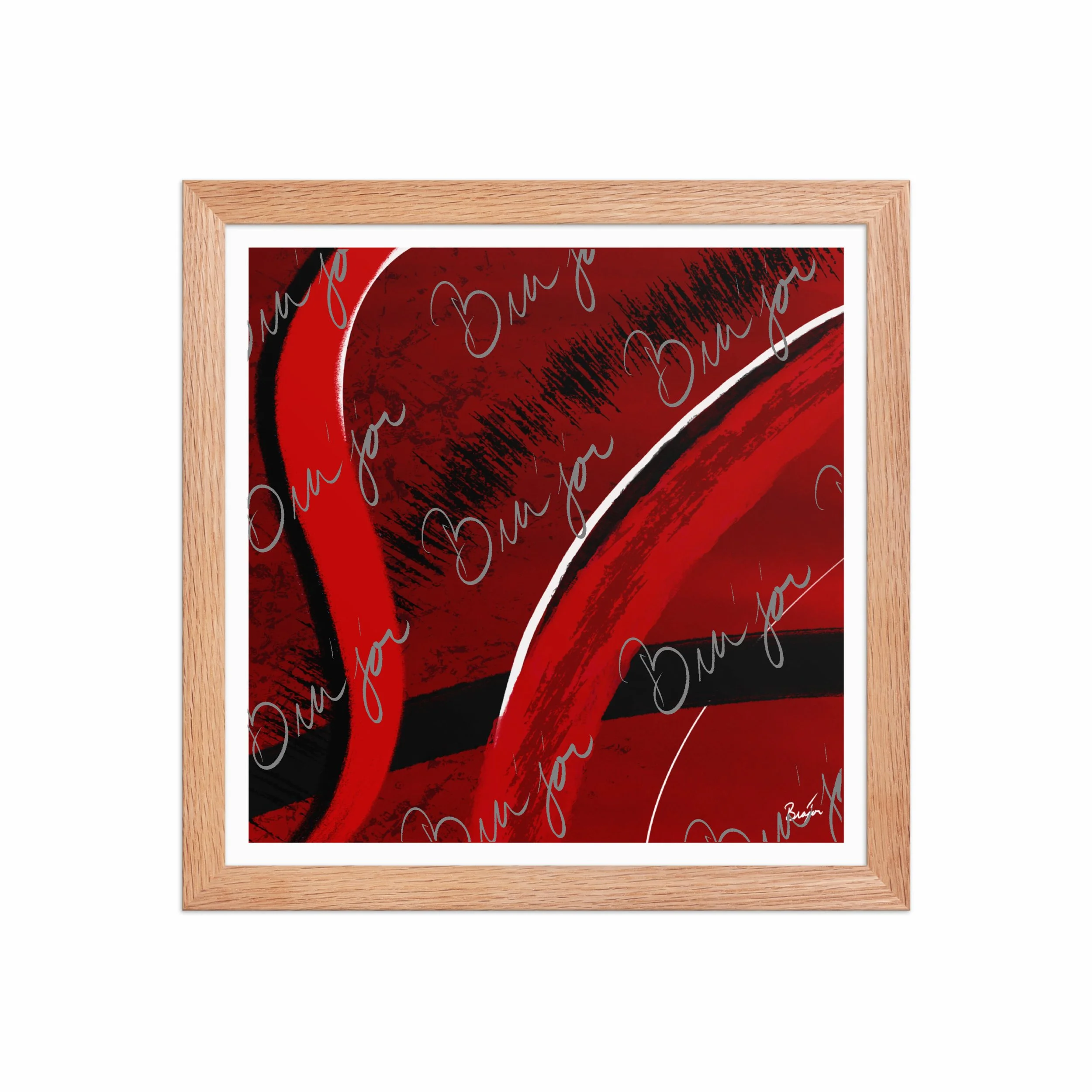 12x12 Red Oak Framed Abstract artwork titled Feel designed by the digital abstract artist Bra'jor. Artwork includes the colors Red, Black, Blue, and White