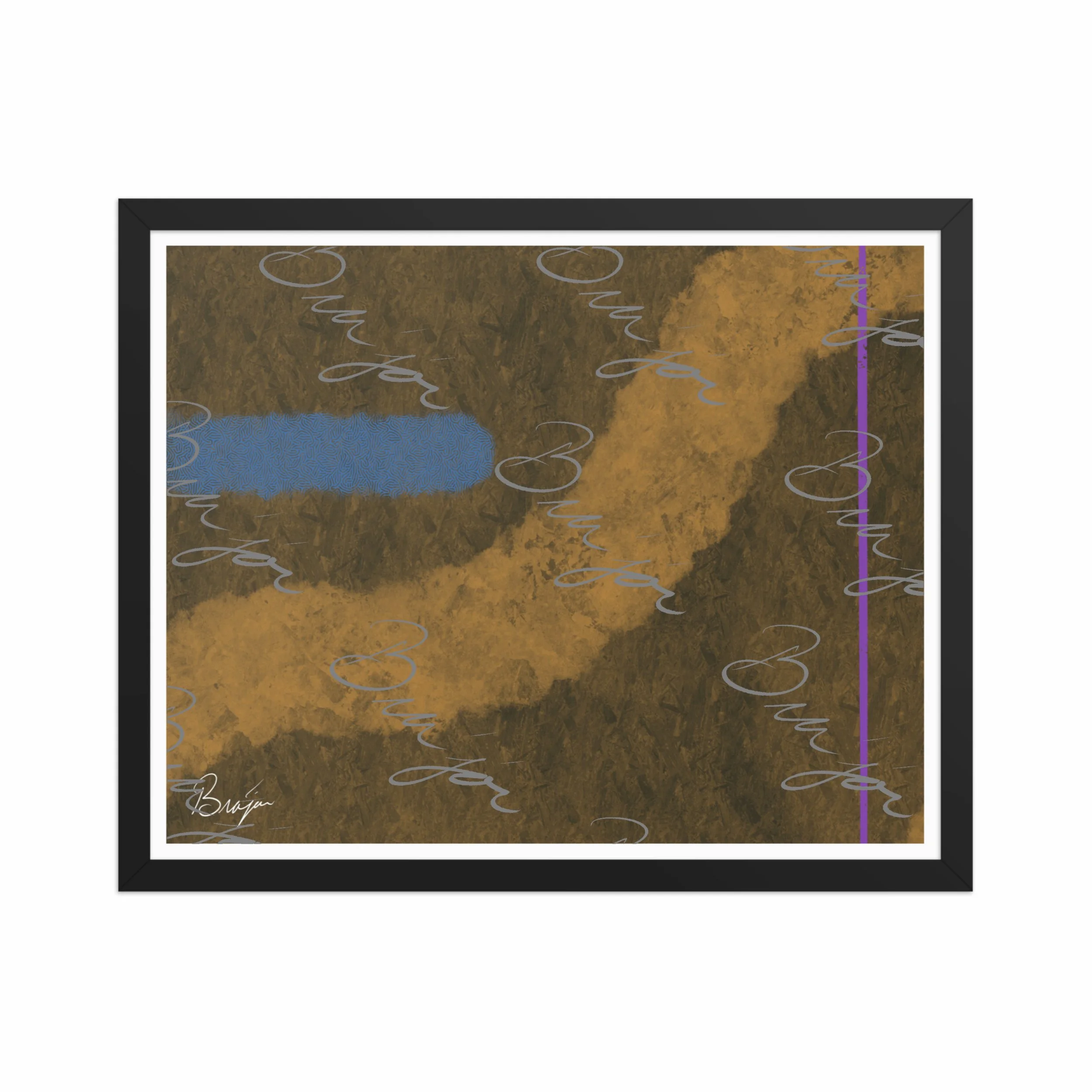 16x20 Black Framed abstract artwork titled Gentle designed by the digital abstract artist Bra'jor. Artwork includes the colors Blue, Brown, Tan, Dark Green, and Purple