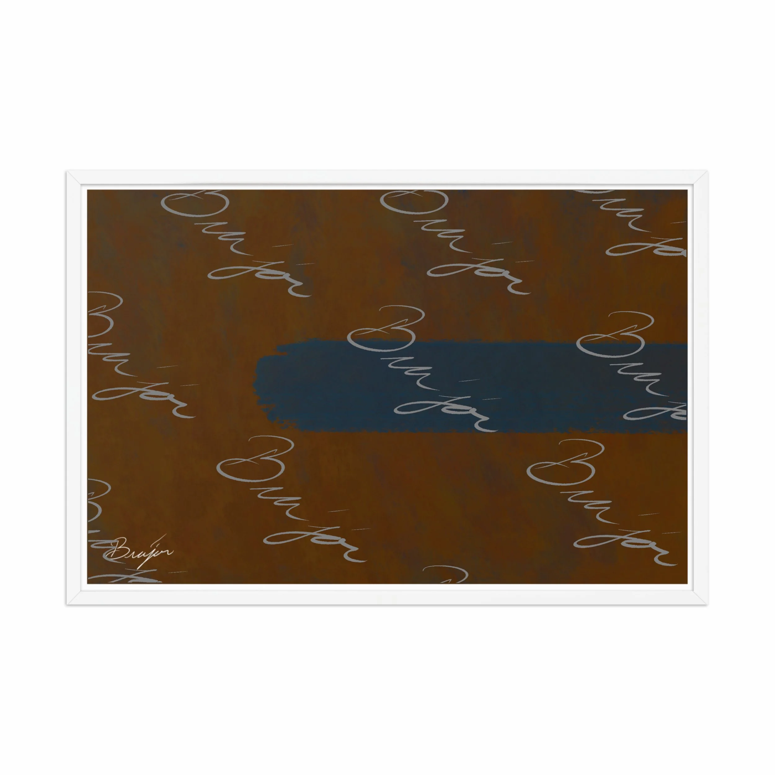 24x36 White Framed Abstract artwork titled Distraction designed by the digital abstract artist Bra'jor. Artwork includes the colors Brown, Blue, and Orange