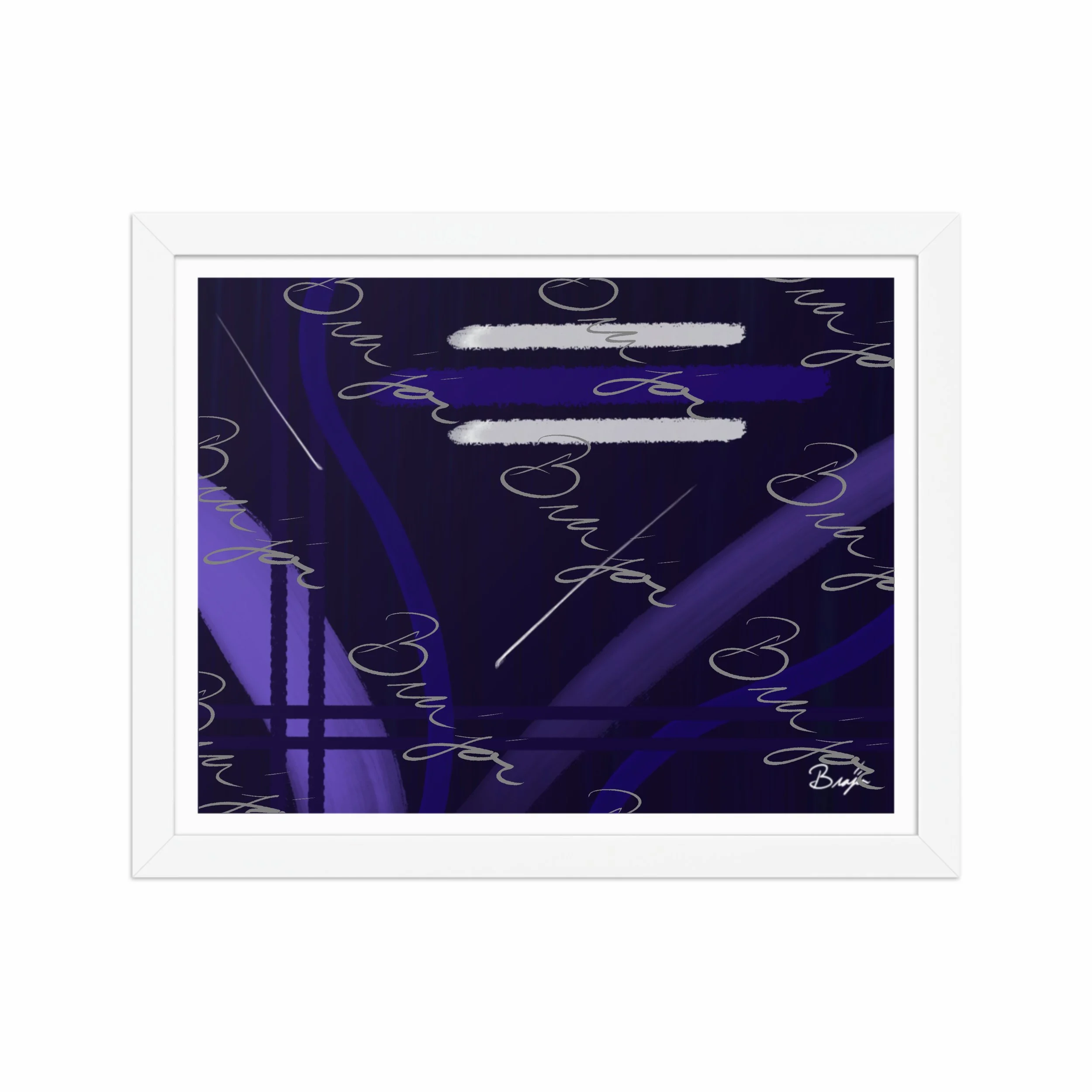 11x14 White Framed Abstract artwork titled Beneath designed by the digital abstract artist Bra'jor. Artwork includes the colors Blue, White, Purple, and Navy