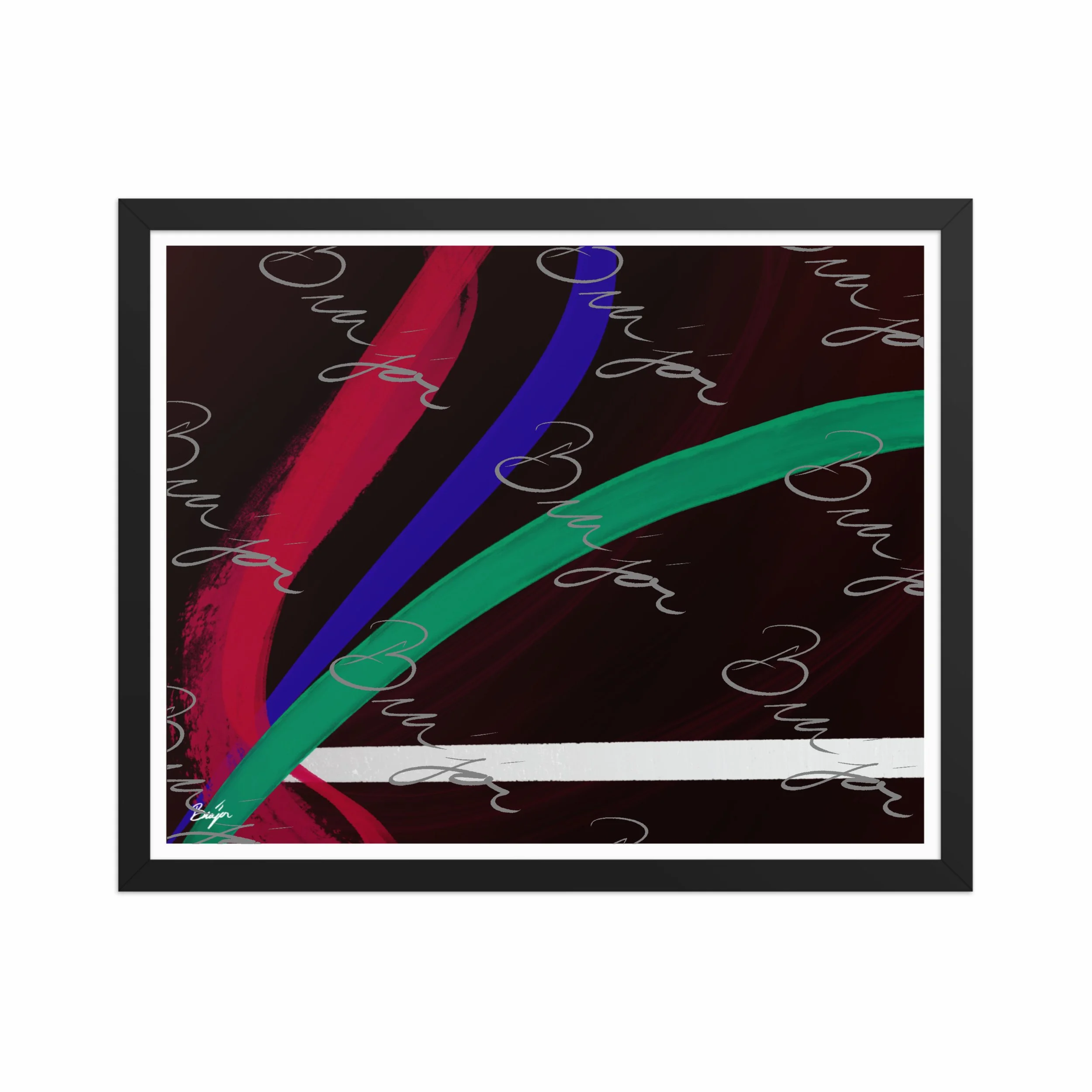 16x20 Black Framed Abstract artwork titled Journey designed by the digital abstract artist Bra'jor. Artwork includes the colors Red, White, Green, and Blue