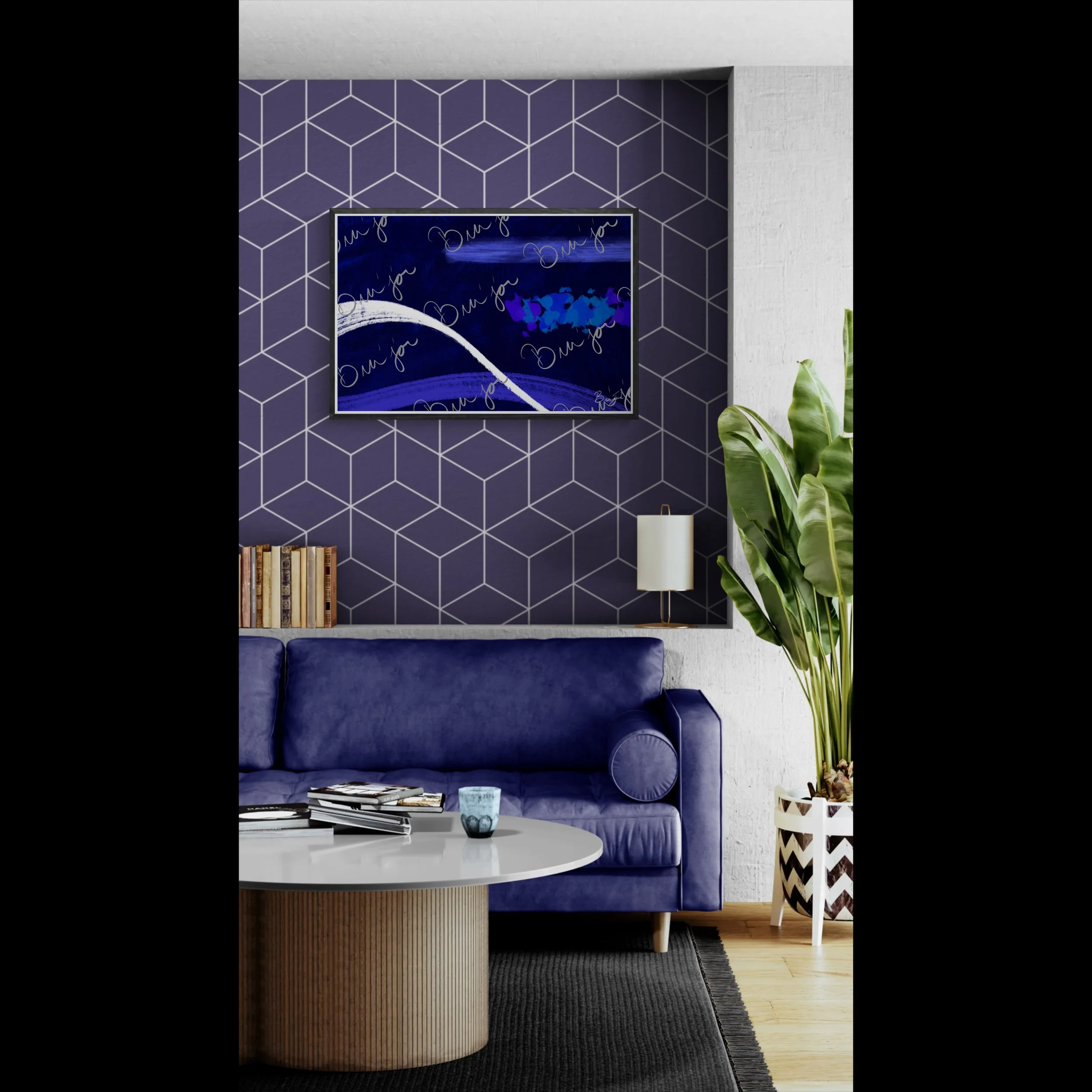 A mockup of a living room with an art piece titled Still Waters by the artist Bra'jor hanging in a living room. The image uses multiple shades of blue and white