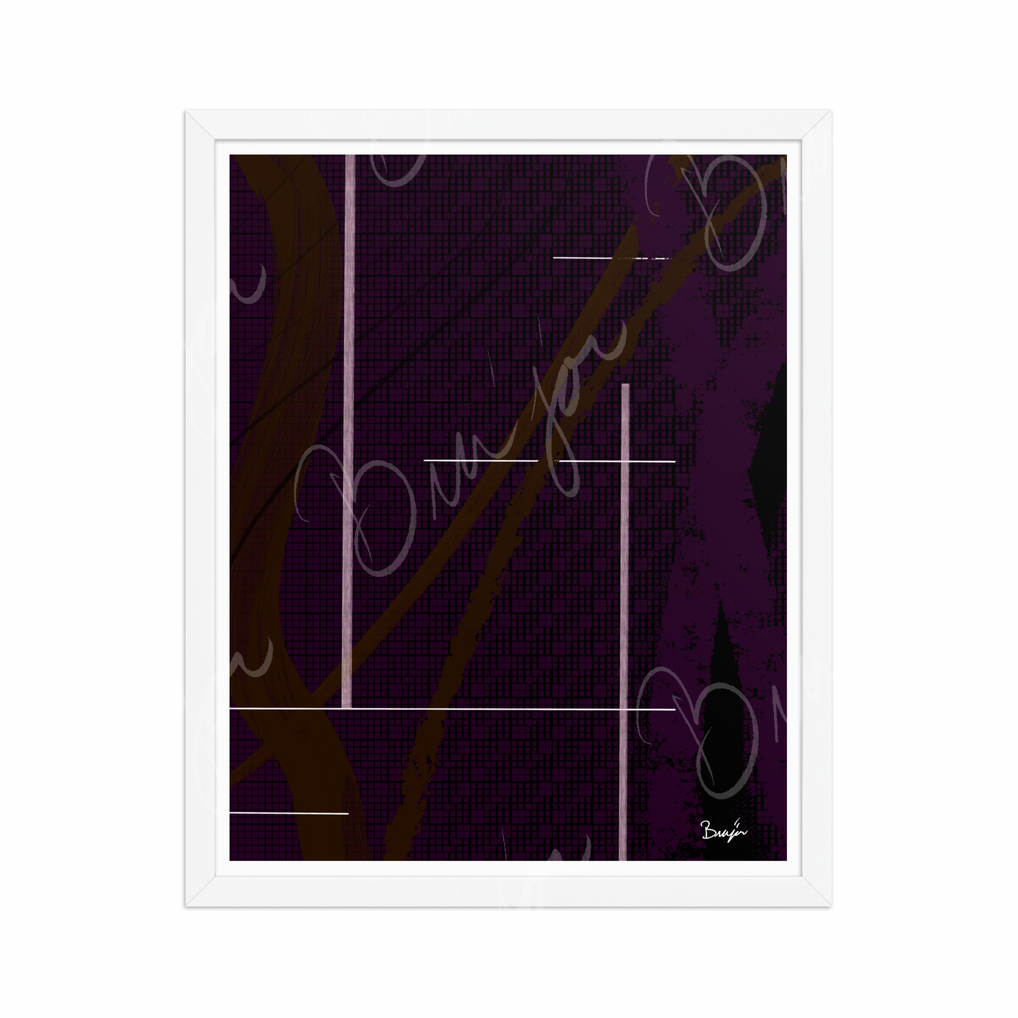16x20 White Framed Abstract artwork titled Out of the Box designed by the digital abstract artist Bra'jor. Artwork includes the colors Purple, Brown, Black, and White