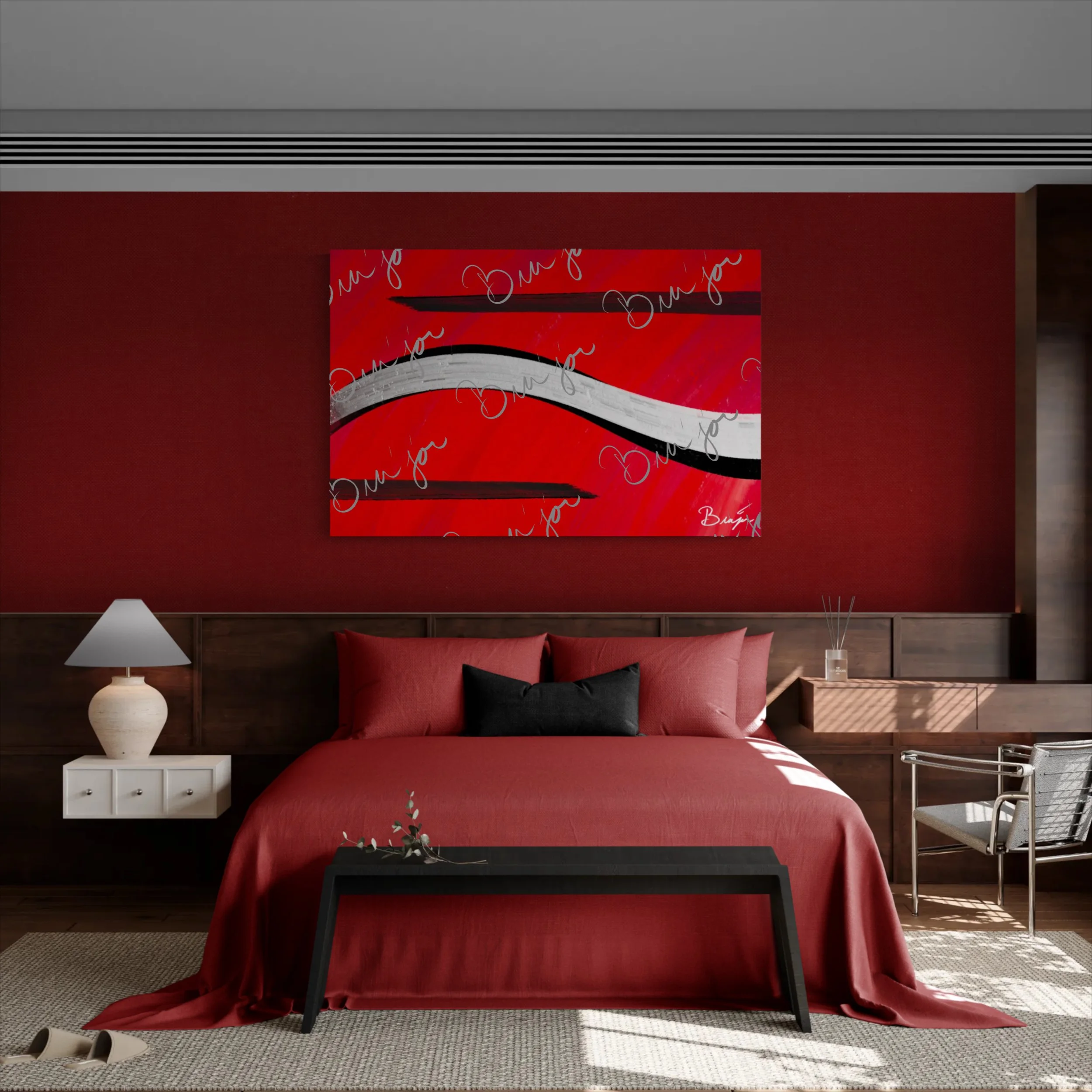 XL Canvas Abstract artwork titled Smooth Groove designed by the digital abstract artist Bra'jor. Artwork includes the colors Red, Black, and White