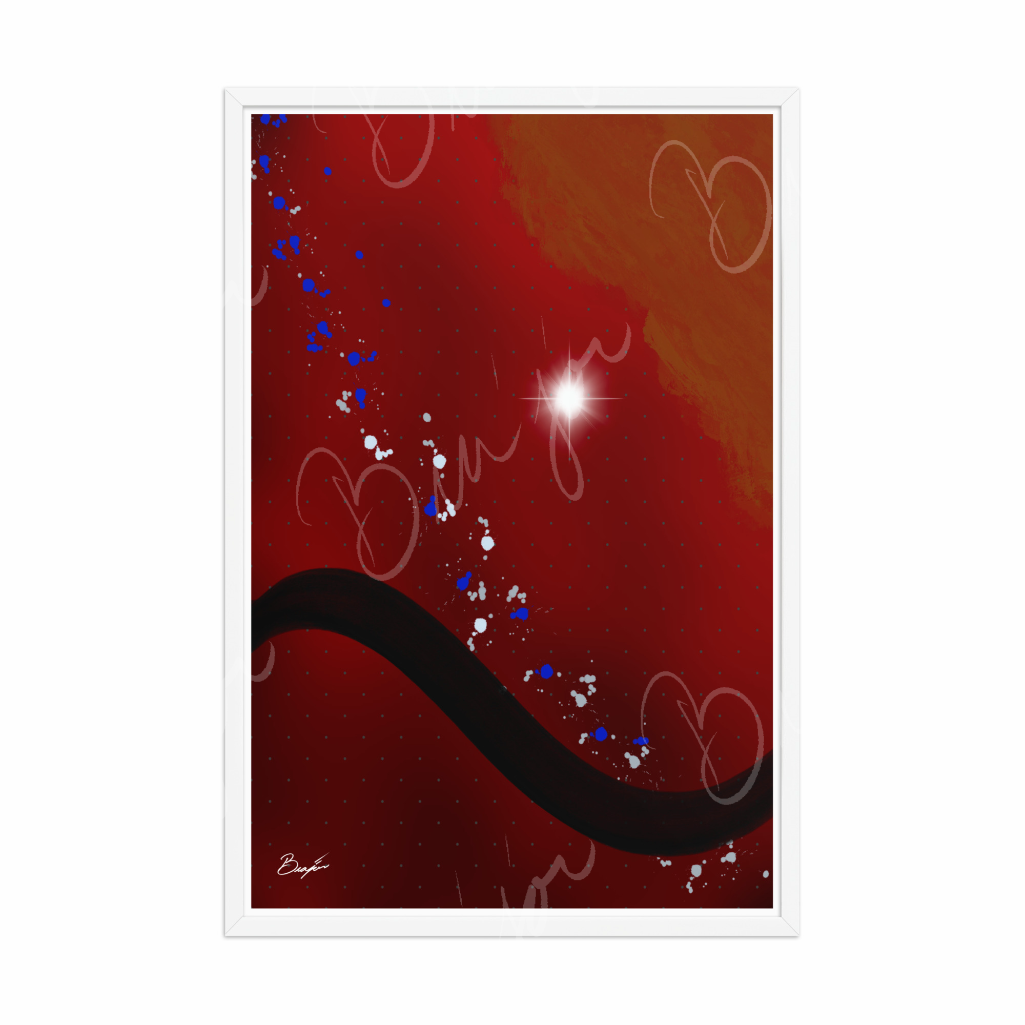 24x36 White Framed Abstract artwork titled Take Your Place designed by the digital abstract artist Bra'jor. Artwork includes the colors Red, Yellow, Orange, Black, Gray, and White