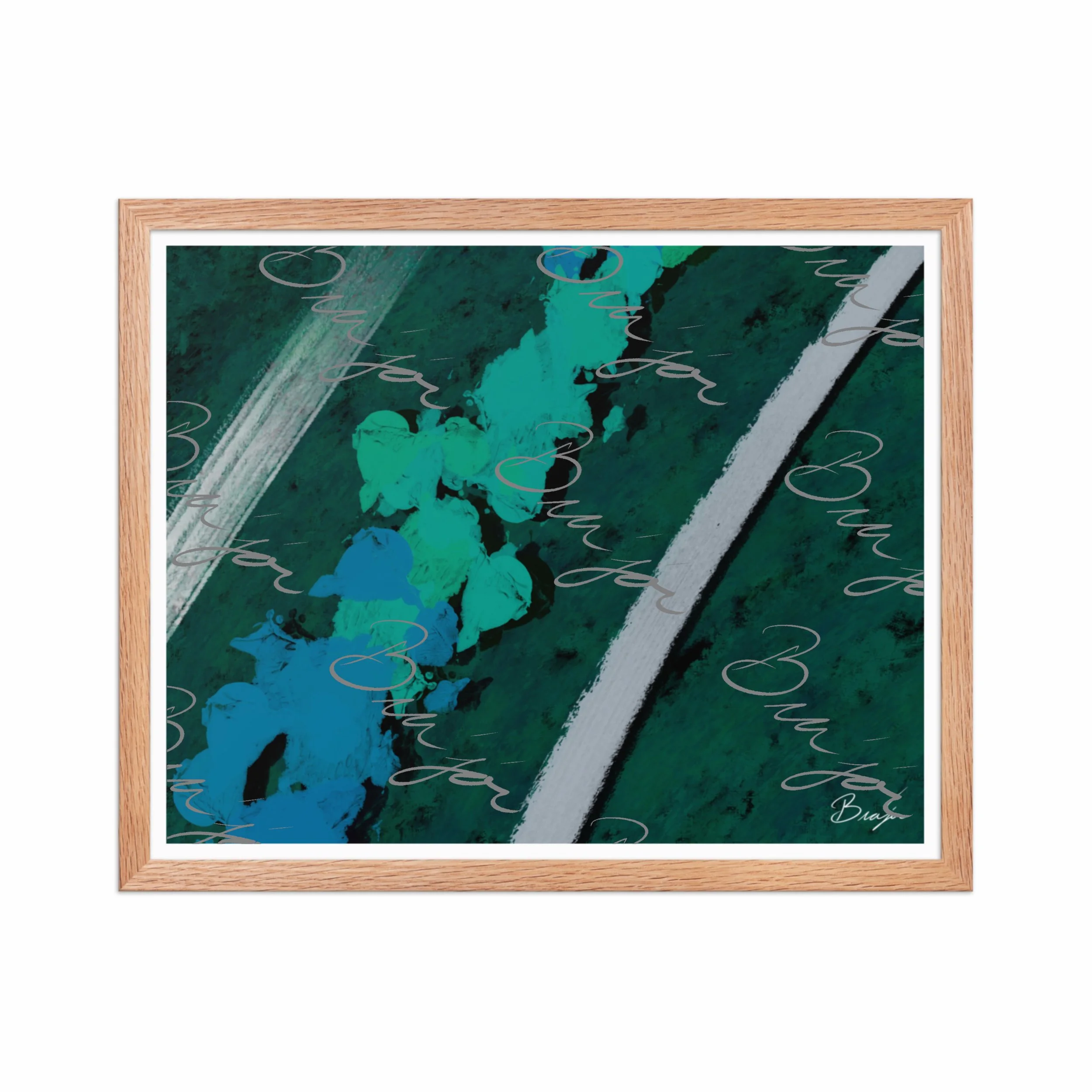 16x20 Red Oak Framed abstract artwork titled Breathe designed by the digital abstract artist Bra'jor. Artwork includes the colors Green, Blue, Black, and White
