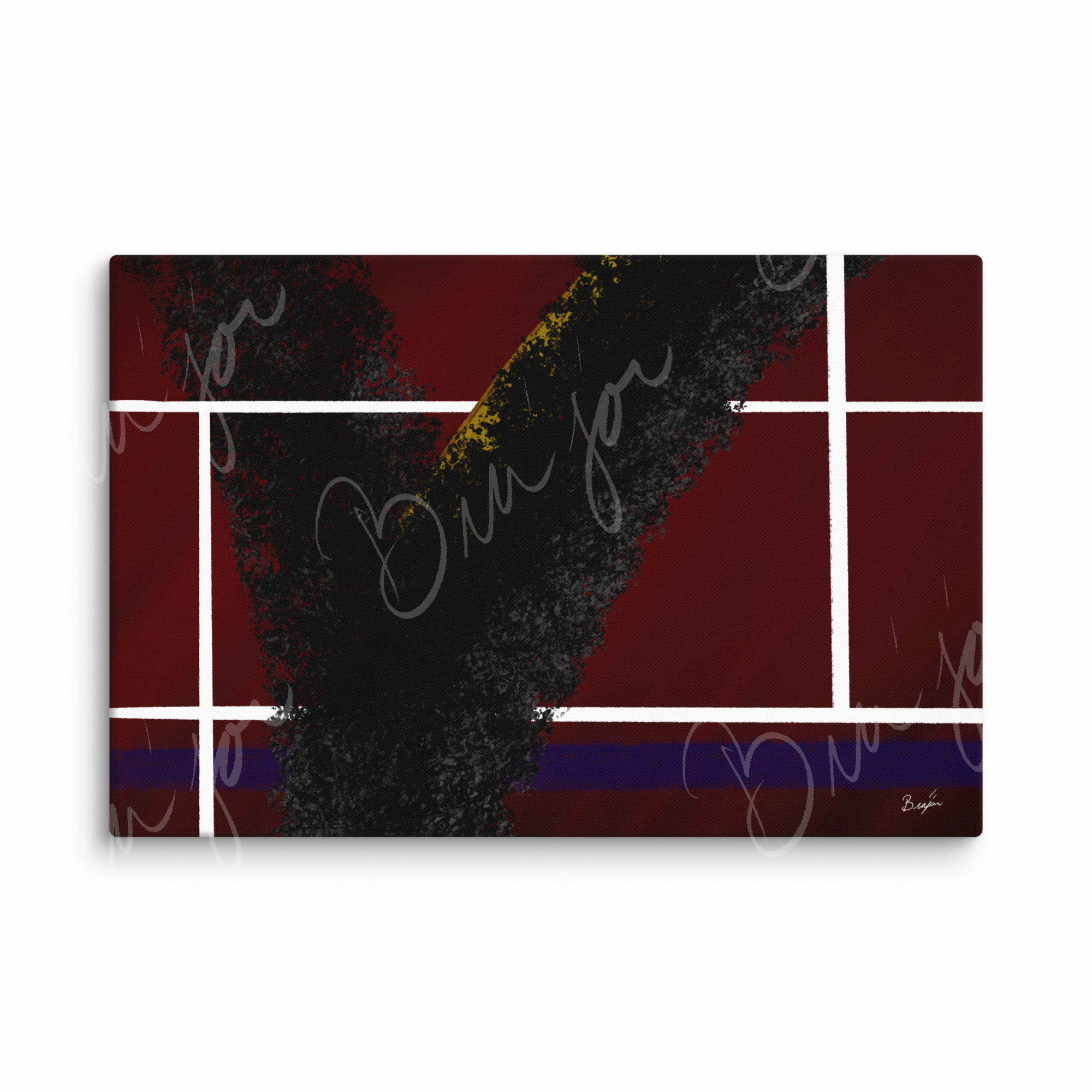 20x30 Canvas Abstract artwork titled Step Out designed by the digital abstract artist Bra'jor. Artwork includes the colors Red, White, Black, Yellow, and Blue