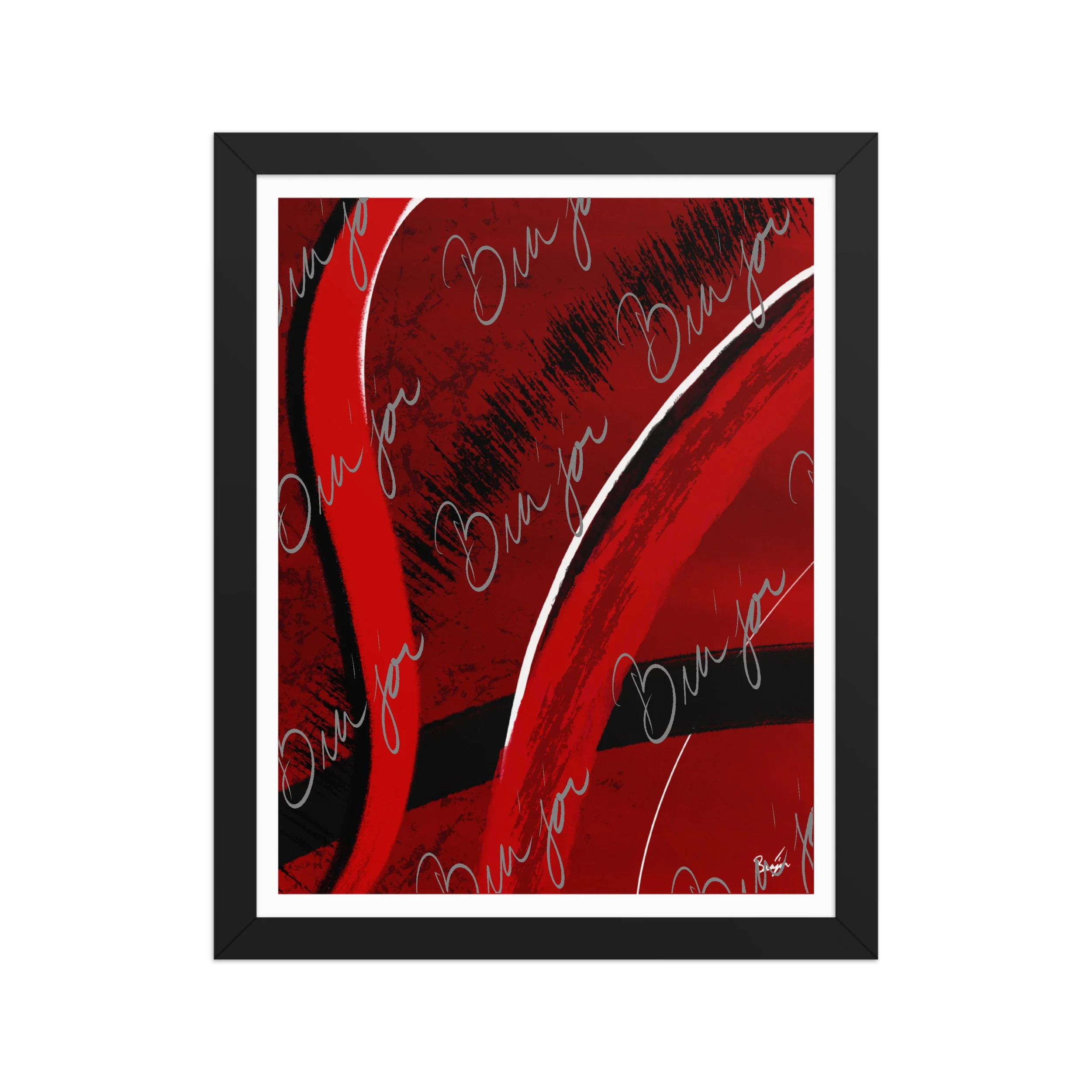 11x14 Black Framed Abstract artwork titled Feel designed by the digital abstract artist Bra'jor. Artwork includes the colors Red, Black, Blue, and White