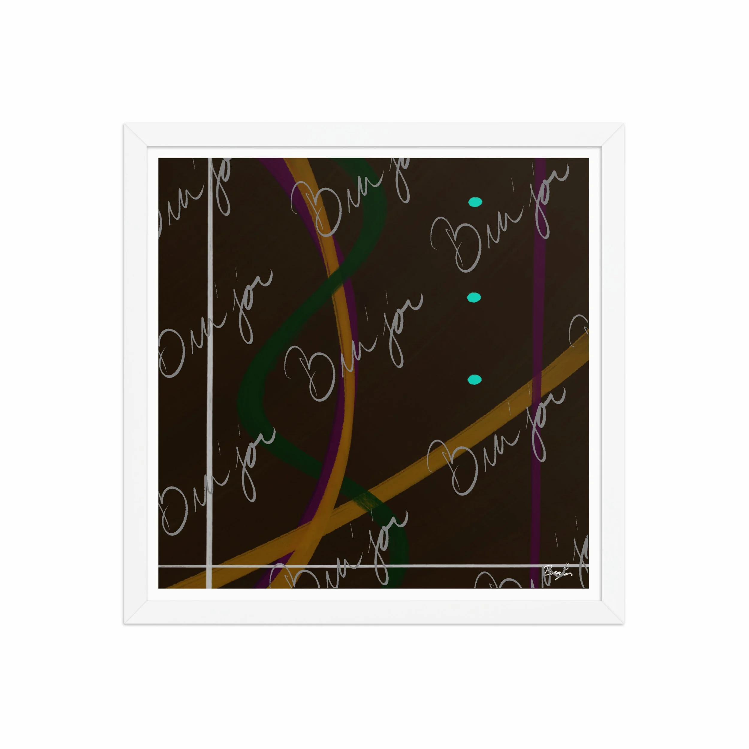 16x16 White Framed Abstract artwork titled Button Up designed by the digital abstract artist Bra'jor. Artwork includes the colors Orange, Purple, Green, White, and Brown