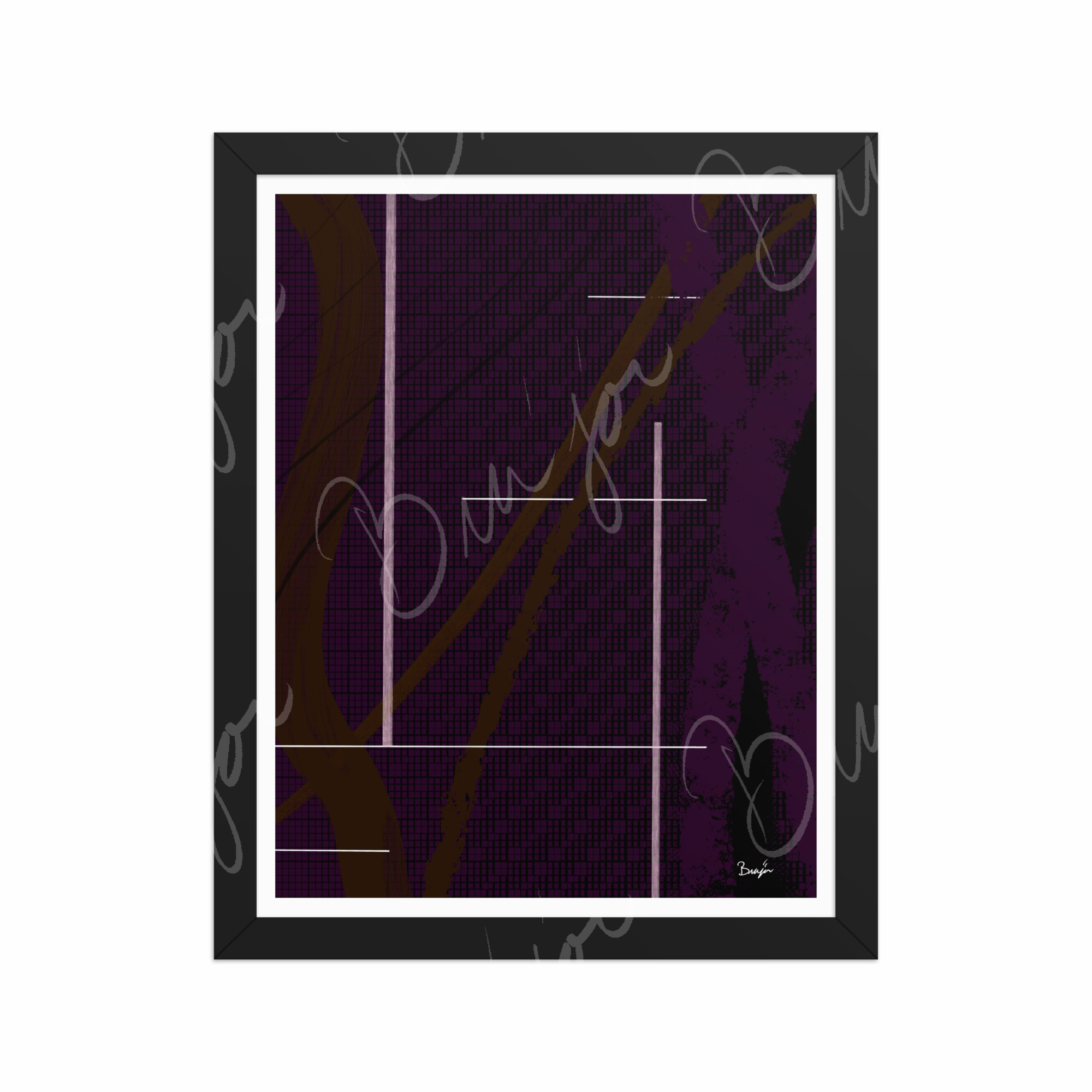 11x14 Black Framed Abstract artwork titled Out of the Box designed by the digital abstract artist Bra'jor. Artwork includes the colors Purple, Brown, Black, and White