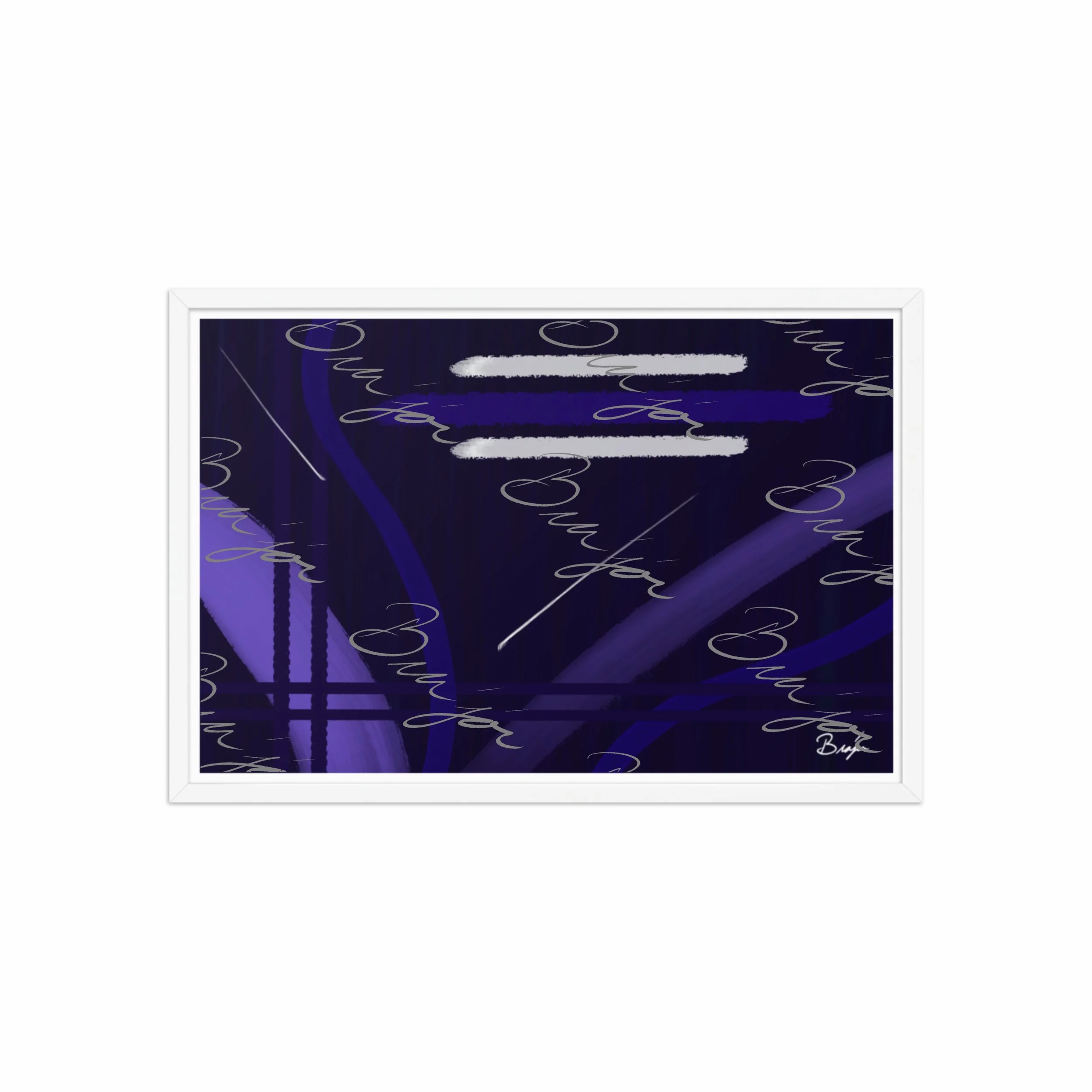 20x30 White Framed Abstract artwork titled Beneath designed by the digital abstract artist Bra'jor. Artwork includes the colors Blue, White, Purple, and Navy