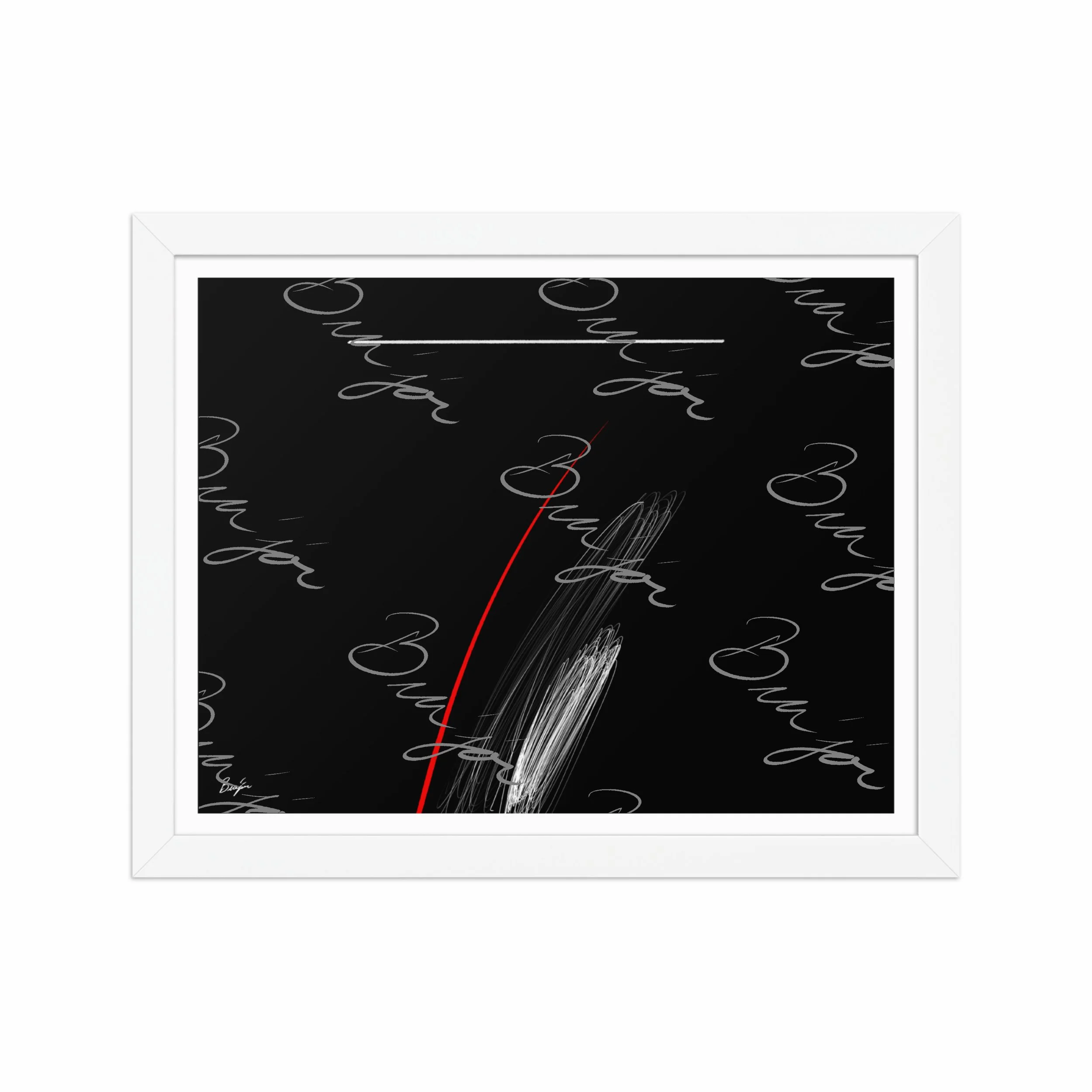 11x14 White Framed Self Titled Abstract artwork ‘Bra’jor’ designed by the digital abstract artist Bra'jor. Artwork includes the colors Black, Red, and White