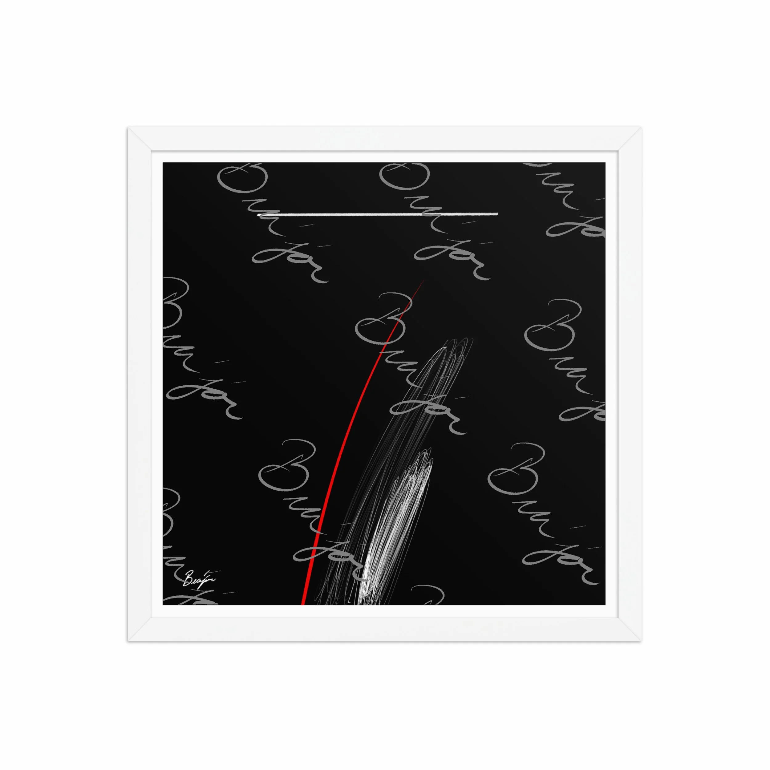 16x16 White Framed Self Titled Abstract artwork ‘Bra’jor’ designed by the digital abstract artist Bra'jor. Artwork includes the colors Black, Red, and White