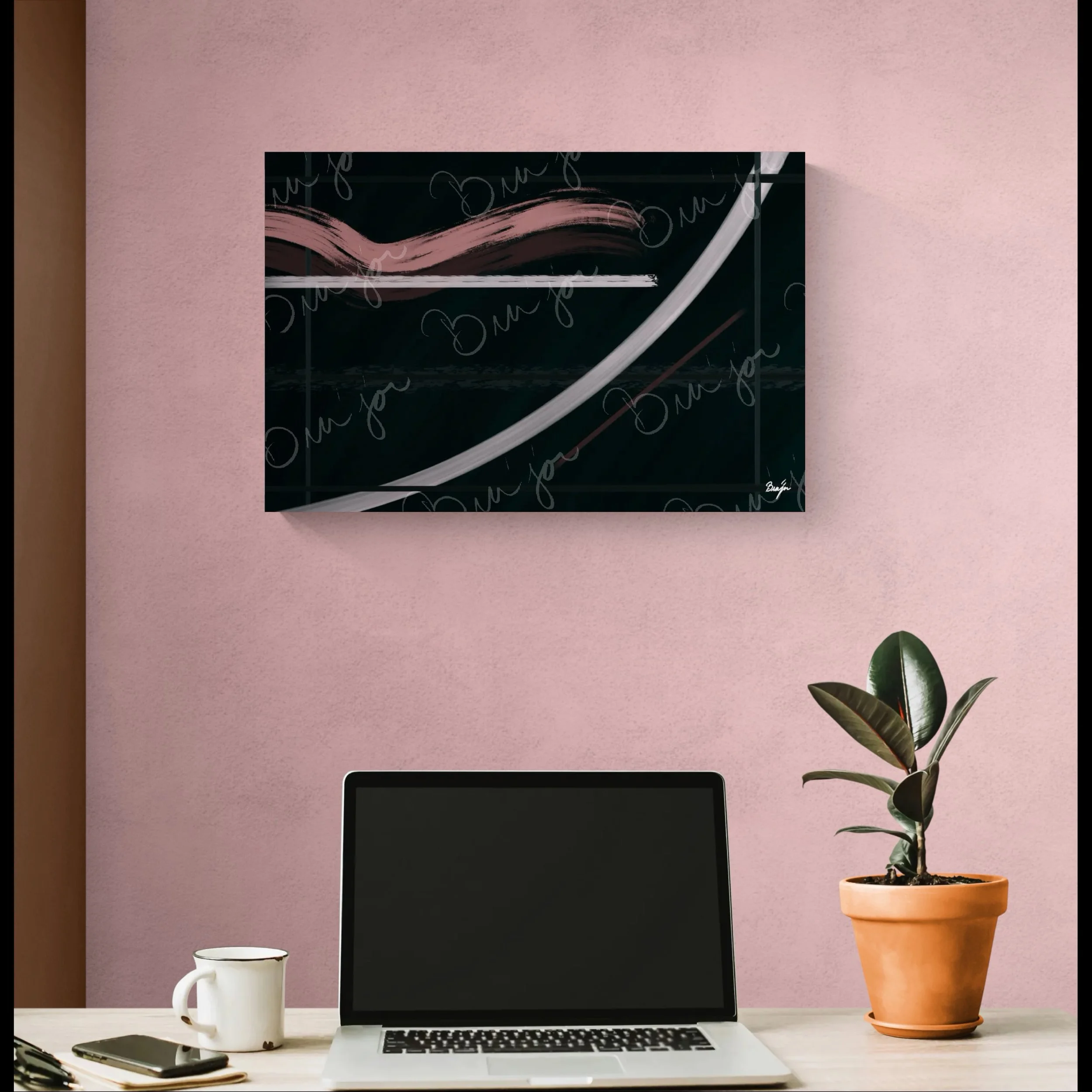 Main Canvas Abstract artwork titled Together designed by the digital abstract artist Bra'jor. Artwork includes the colors Brown, Pink, Green, and White