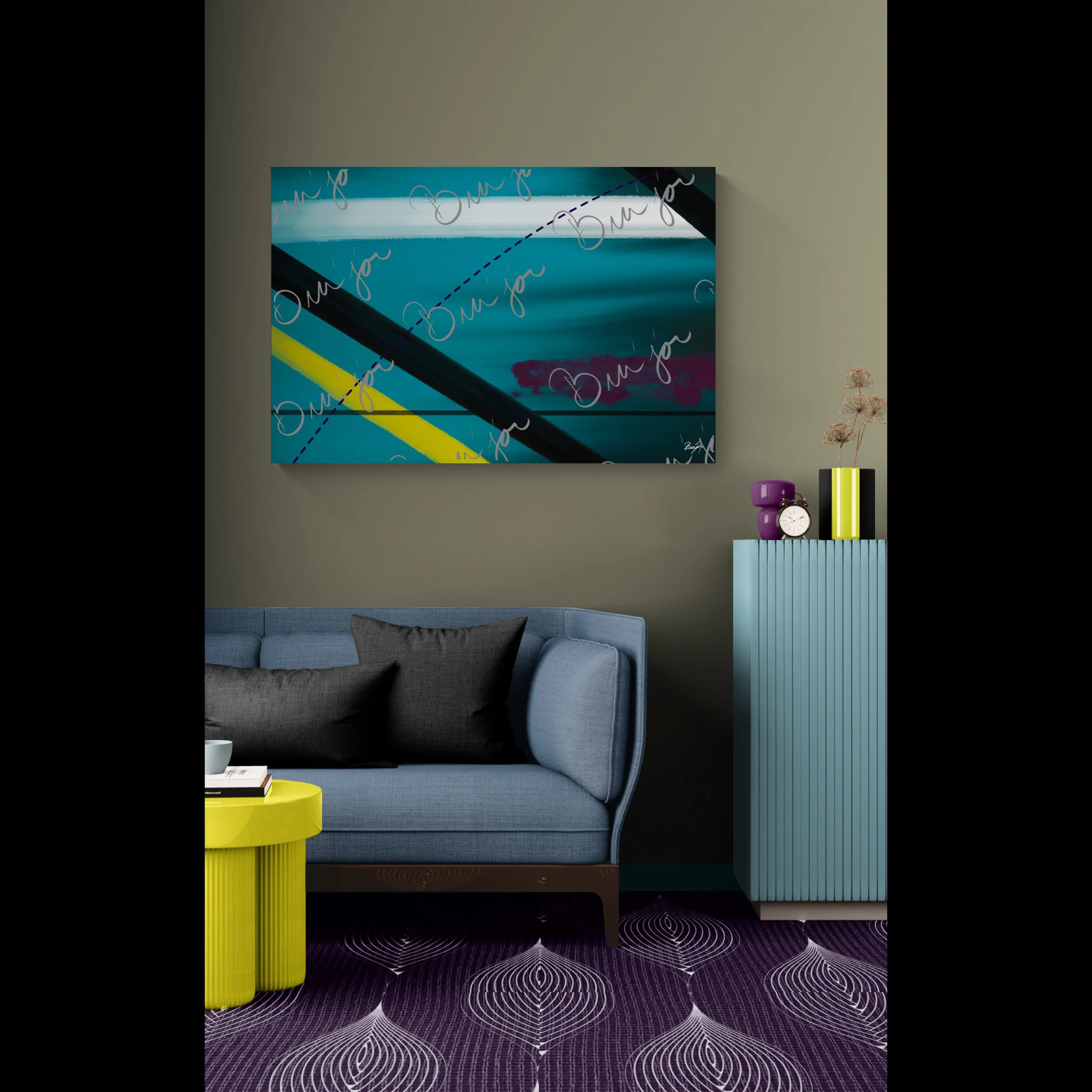 XL Canvas Abstract artwork titled First designed by the digital abstract artist Bra'jor. Artwork includes the colors Blue, Yellow, Black, Purple, and White