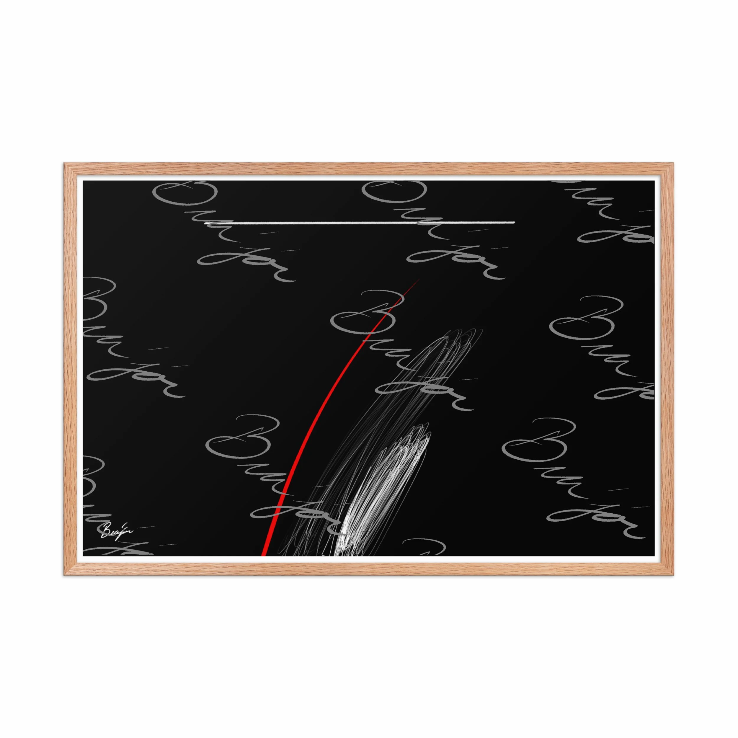 24x36 Red Oak Framed Self Titled Abstract artwork ‘Bra’jor’ designed by the digital abstract artist Bra'jor. Artwork includes the colors Black, Red, and White