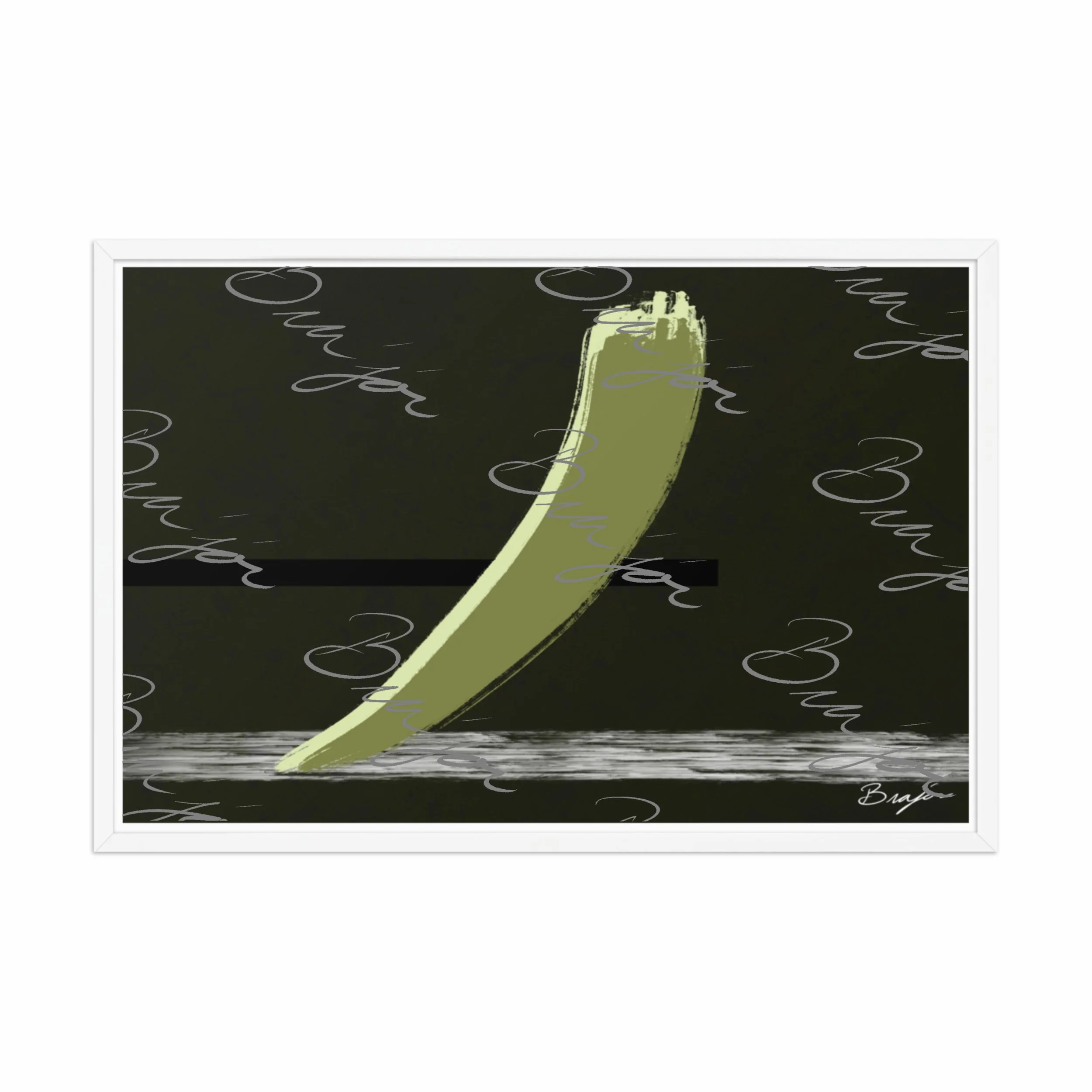 24x36 White Framed abstract artwork titled Drift designed by the digital abstract artist Bra'jor. Artwork includes the colors Green in multiple shades, Black,  White, and Gray