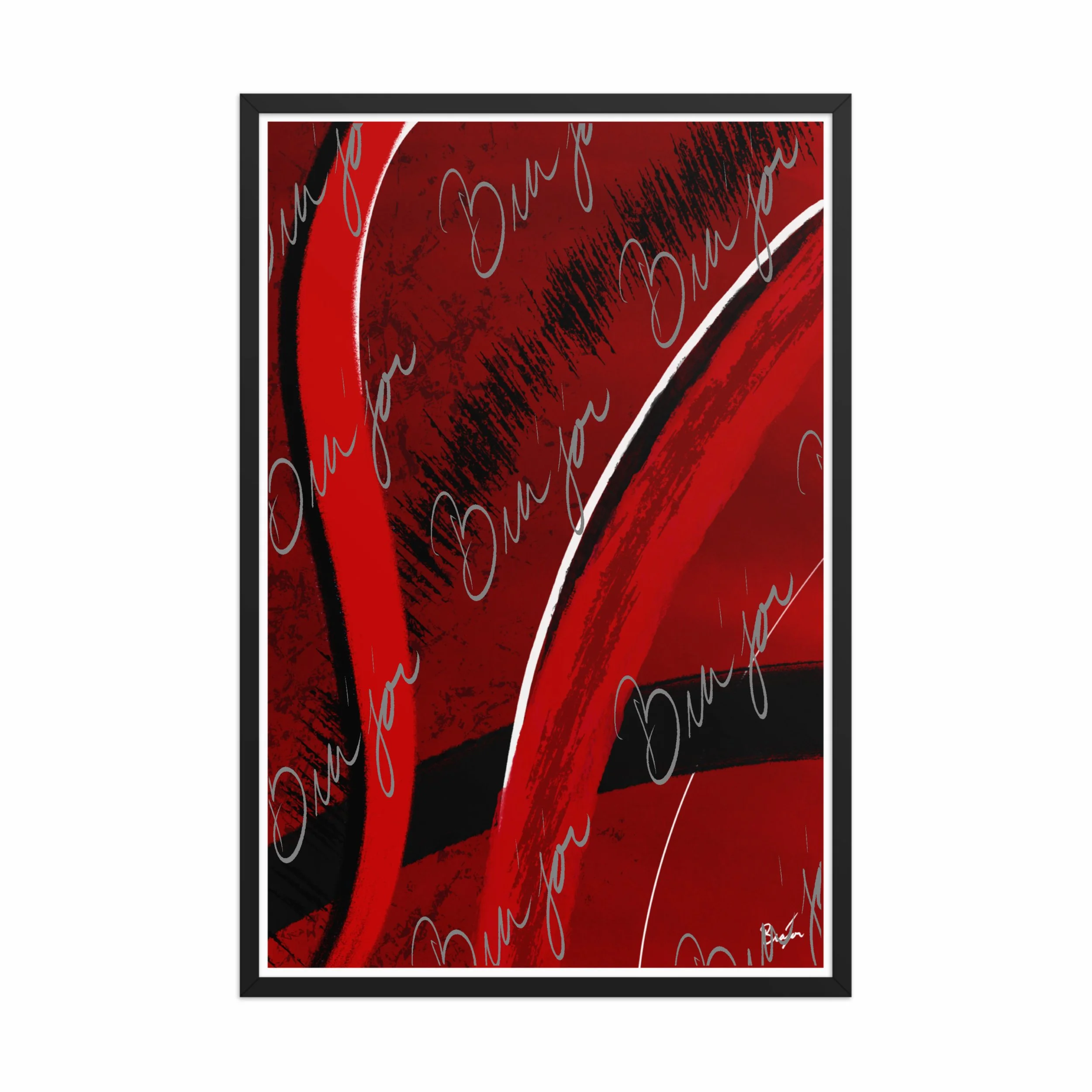24x36 Black Framed Abstract artwork titled Feel designed by the digital abstract artist Bra'jor. Artwork includes the colors Red, Black, Blue, and White