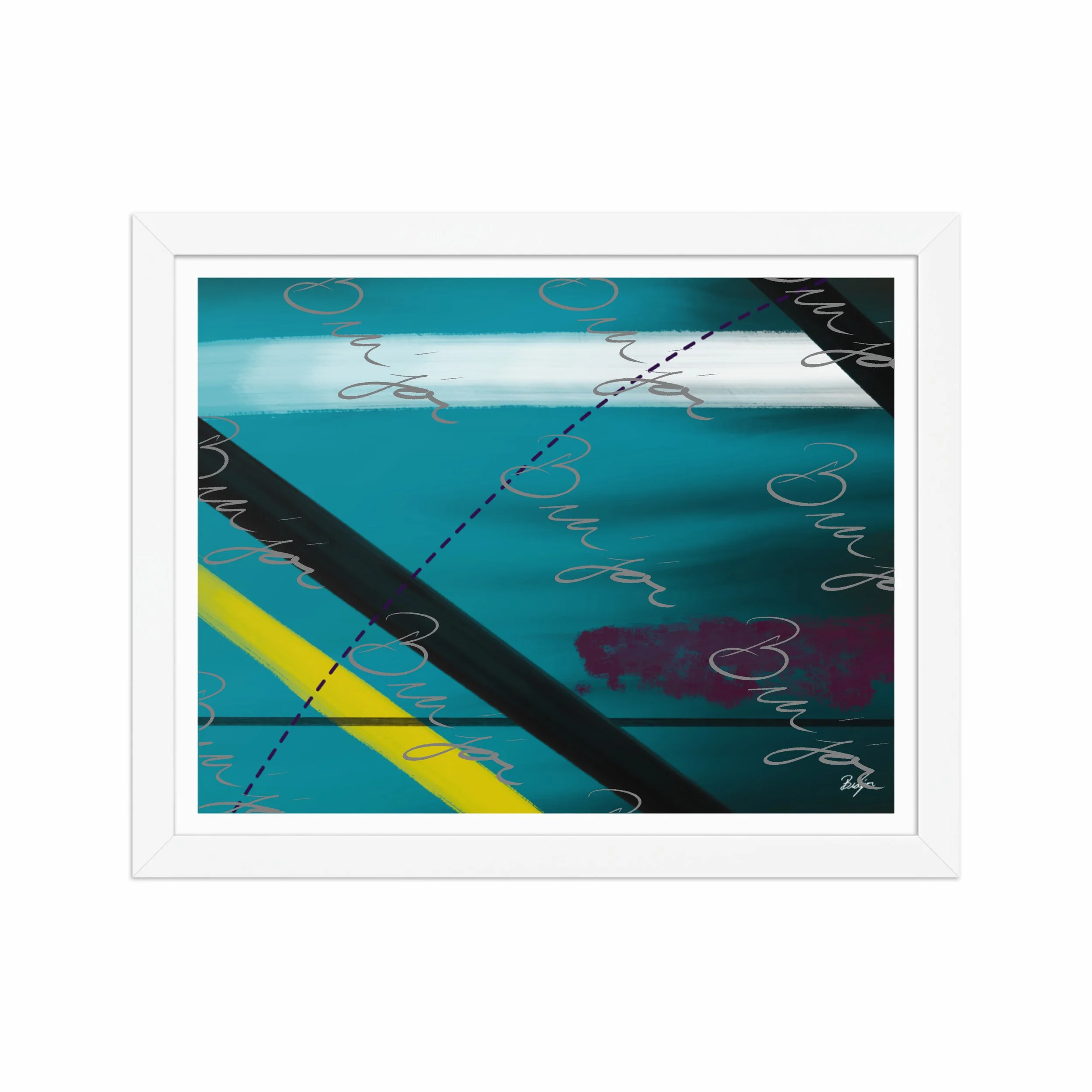 11x14 White Framed Abstract artwork titled First designed by the digital abstract artist Bra'jor. Artwork includes the colors Blue, Yellow, Black, Purple, and White
