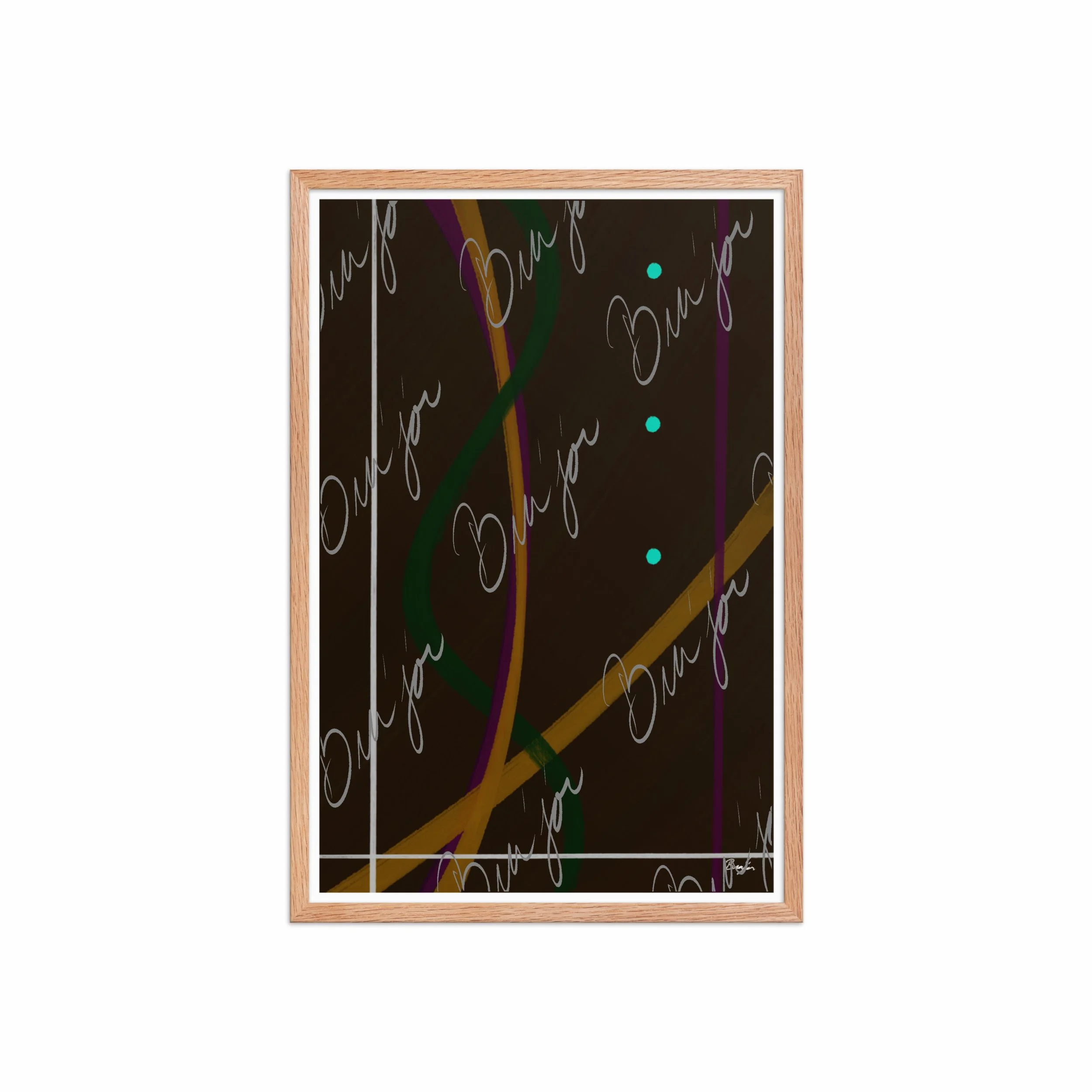 20x30 Red Oak Framed Abstract artwork titled Button Up designed by the digital abstract artist Bra'jor. Artwork includes the colors Orange, Purple, Green, White, and Brown