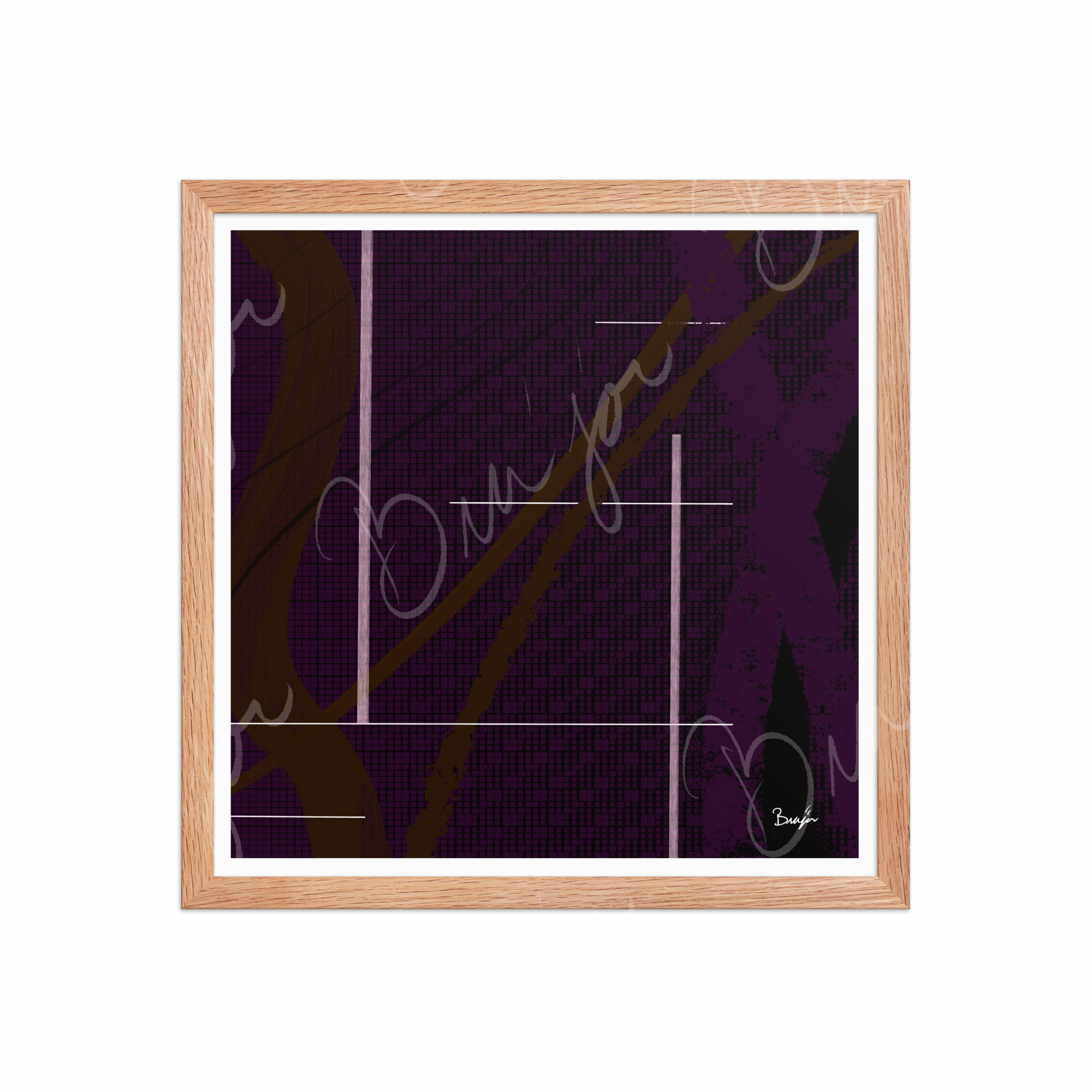 16x16 Red Oak Framed Abstract artwork titled Out of the Box designed by the digital abstract artist Bra'jor. Artwork includes the colors Purple, Brown, Black, and White