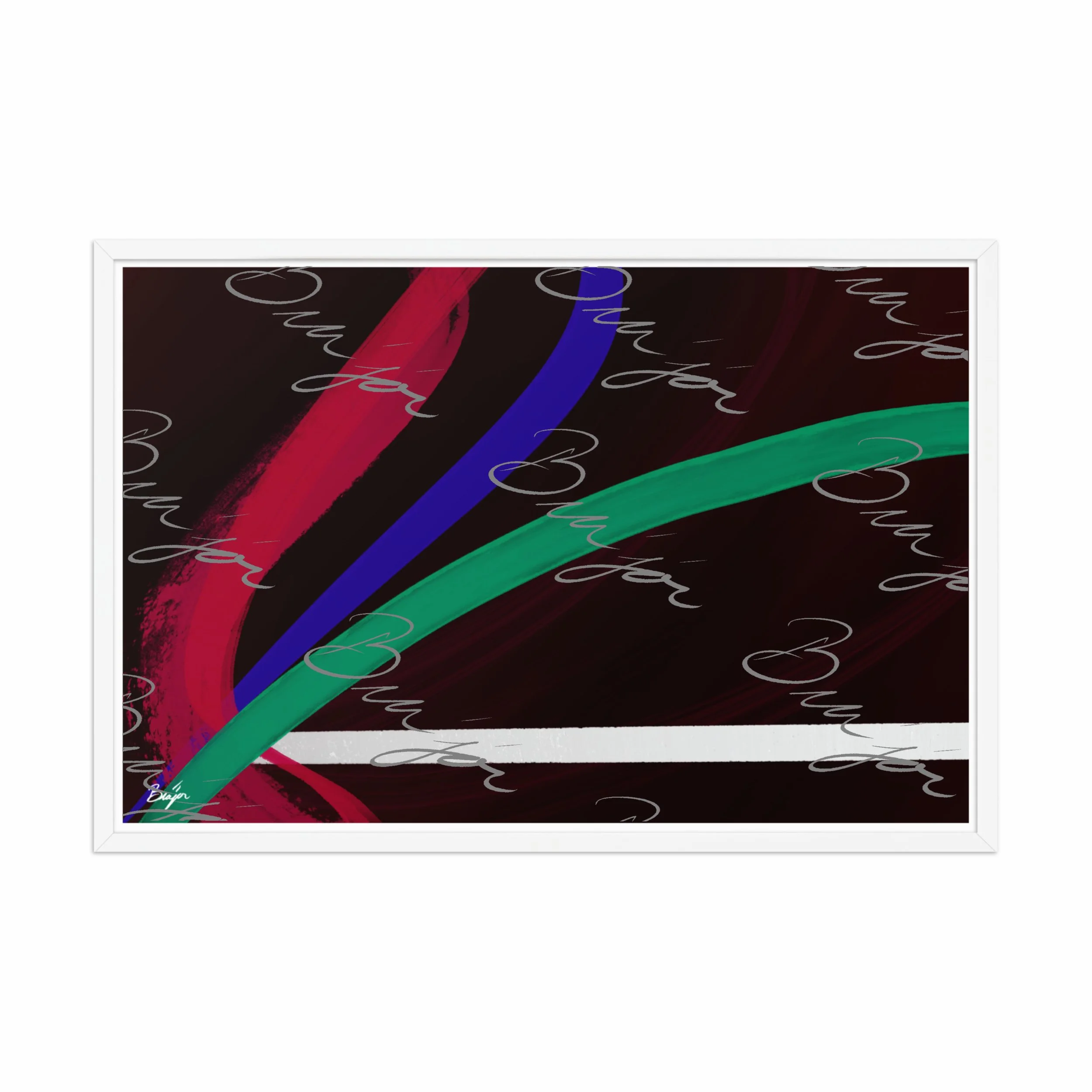24x36 White Framed Abstract artwork titled Journey designed by the digital abstract artist Bra'jor. Artwork includes the colors Red, White, Green, and Blue