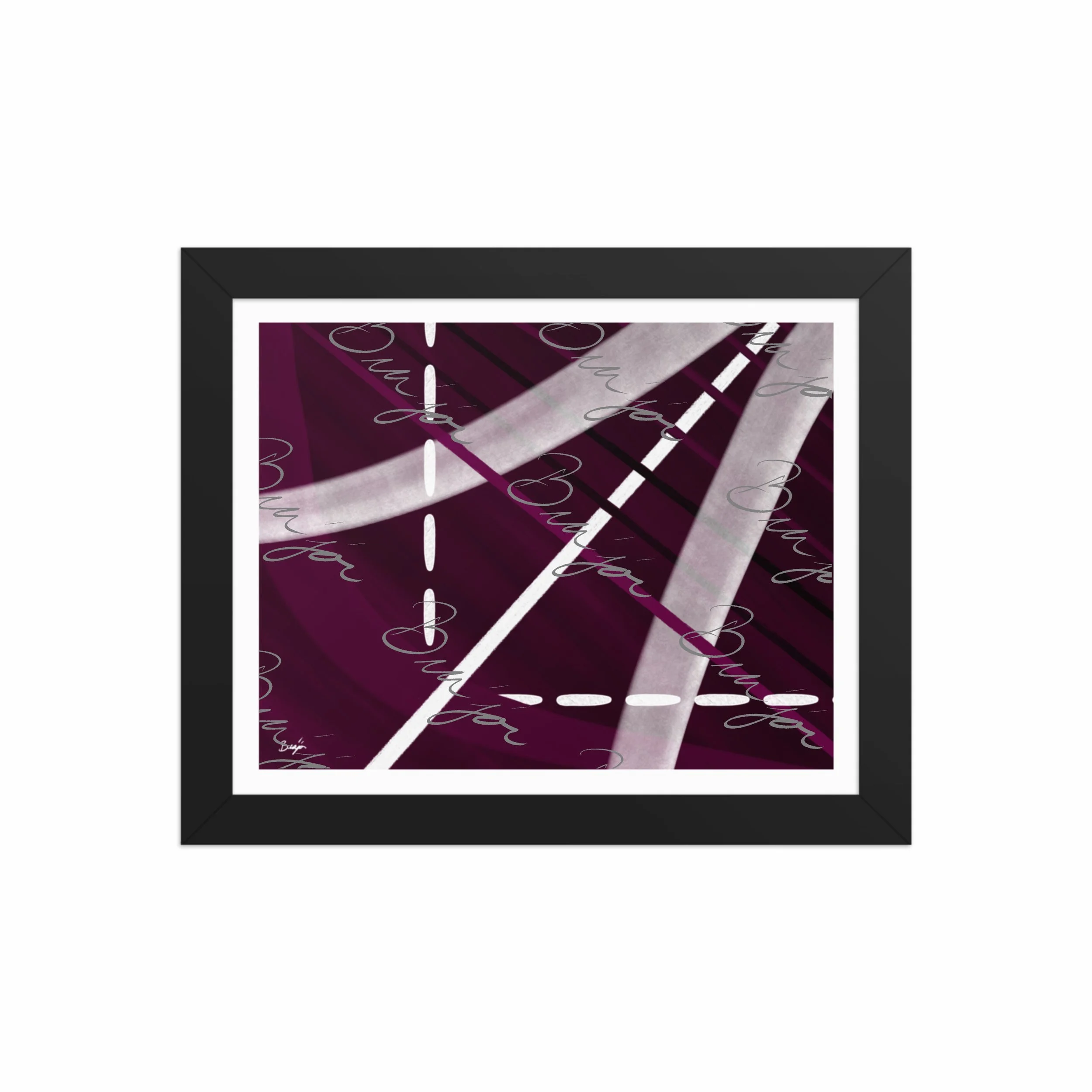 8x10 Black Framed abstract artwork titled Tuning designed by the digital abstract artist Bra'jor. Artwork includes the colors Purple, Black, Gray, and White